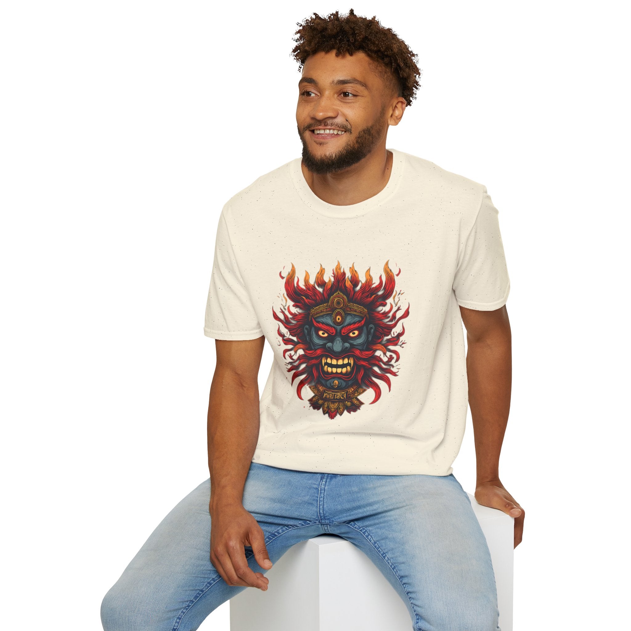 Flaming Demon Mask T-Shirt — Fierce Tattoo-Style Graphic Tee