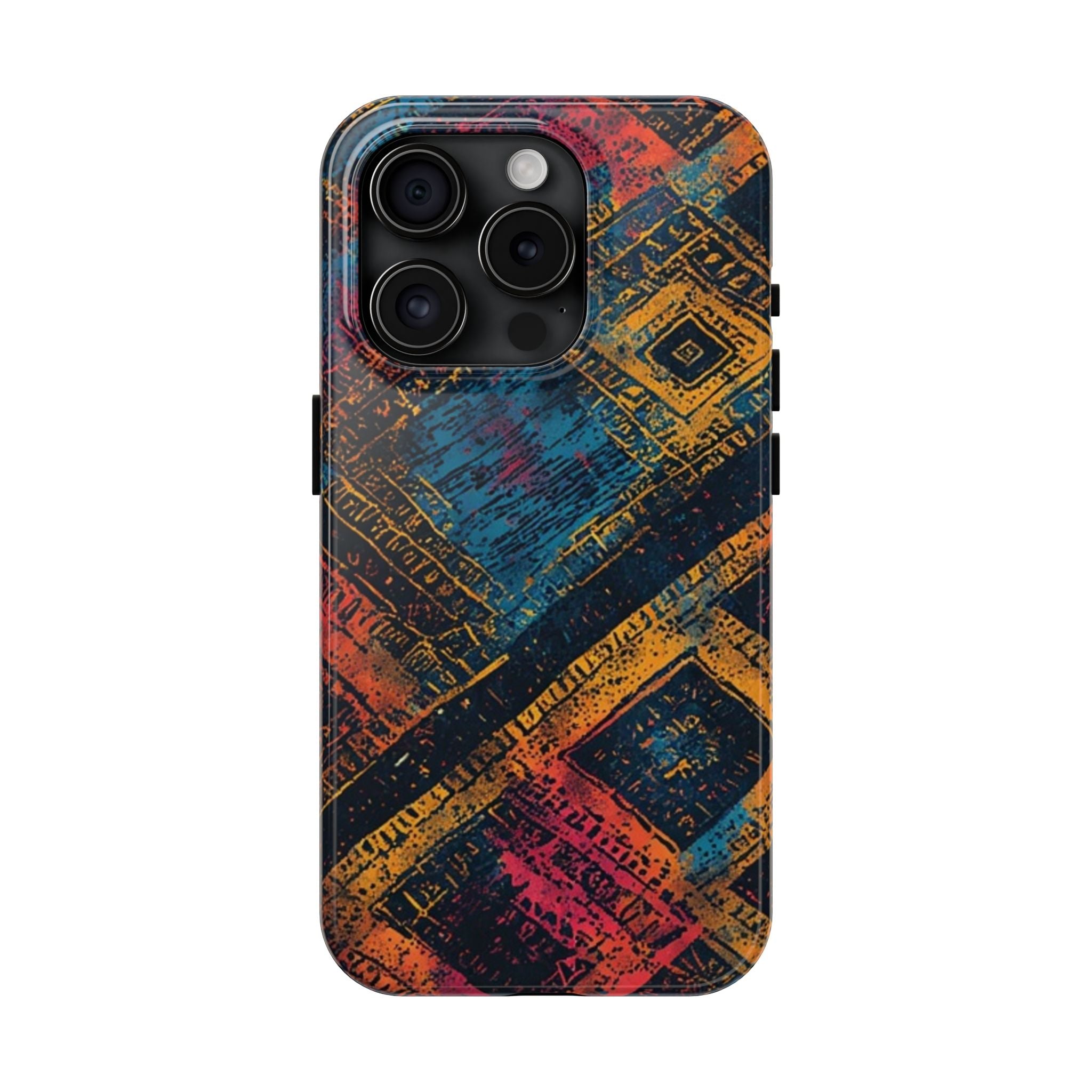 Tough Phone Case – Abstract Rustic Geometric Design (Blue, Orange, Magenta)