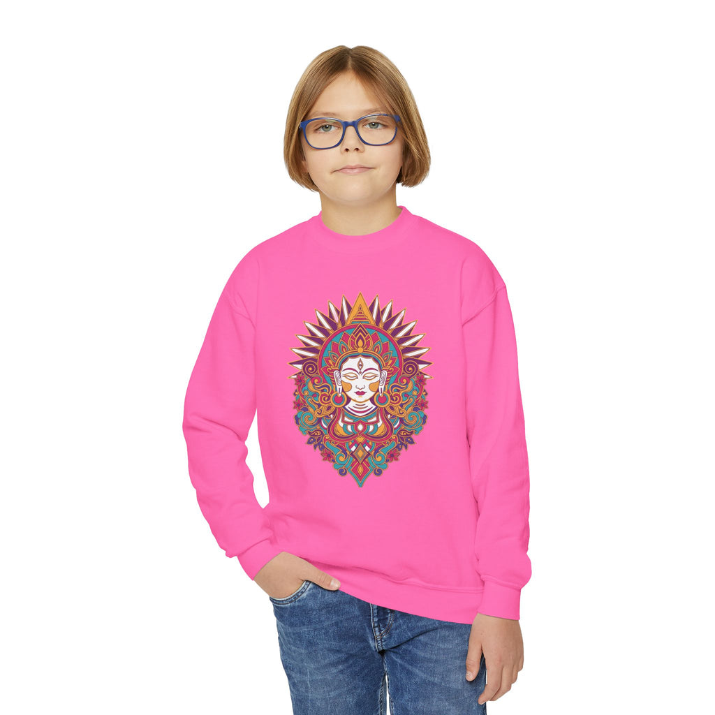 Youth Crewneck Sweatshirt — Colorful Boho Sun Goddess Graphic