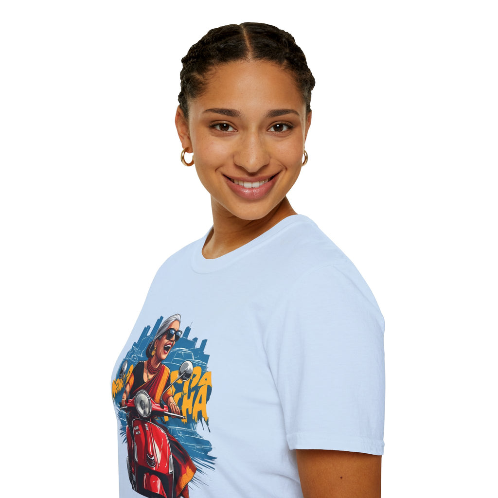 Newa Maicha Riding Scooter T-Shirt – Newari Woman in New York Graphic Tee, Cultural & Urban Design