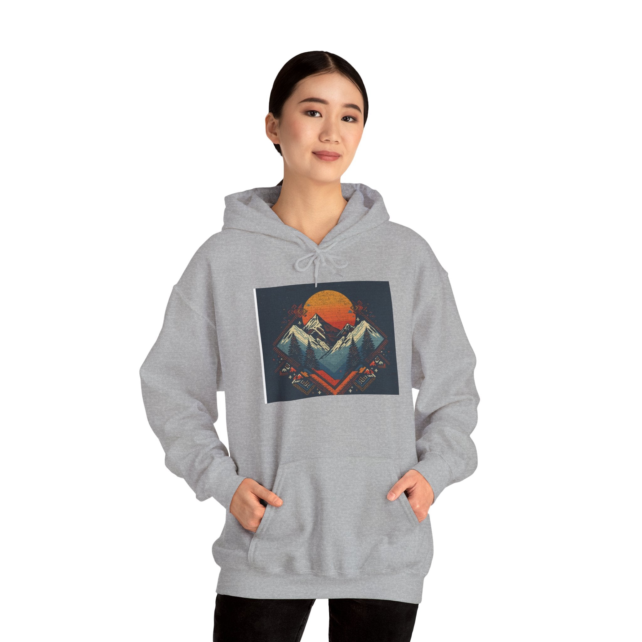 Mountain Sunset Hoodie – Retro Geometric Peaks & Rising Sun Sweatshirt