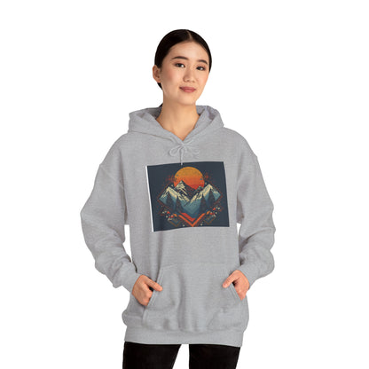 Mountain Sunset Hoodie – Retro Geometric Peaks & Rising Sun Sweatshirt