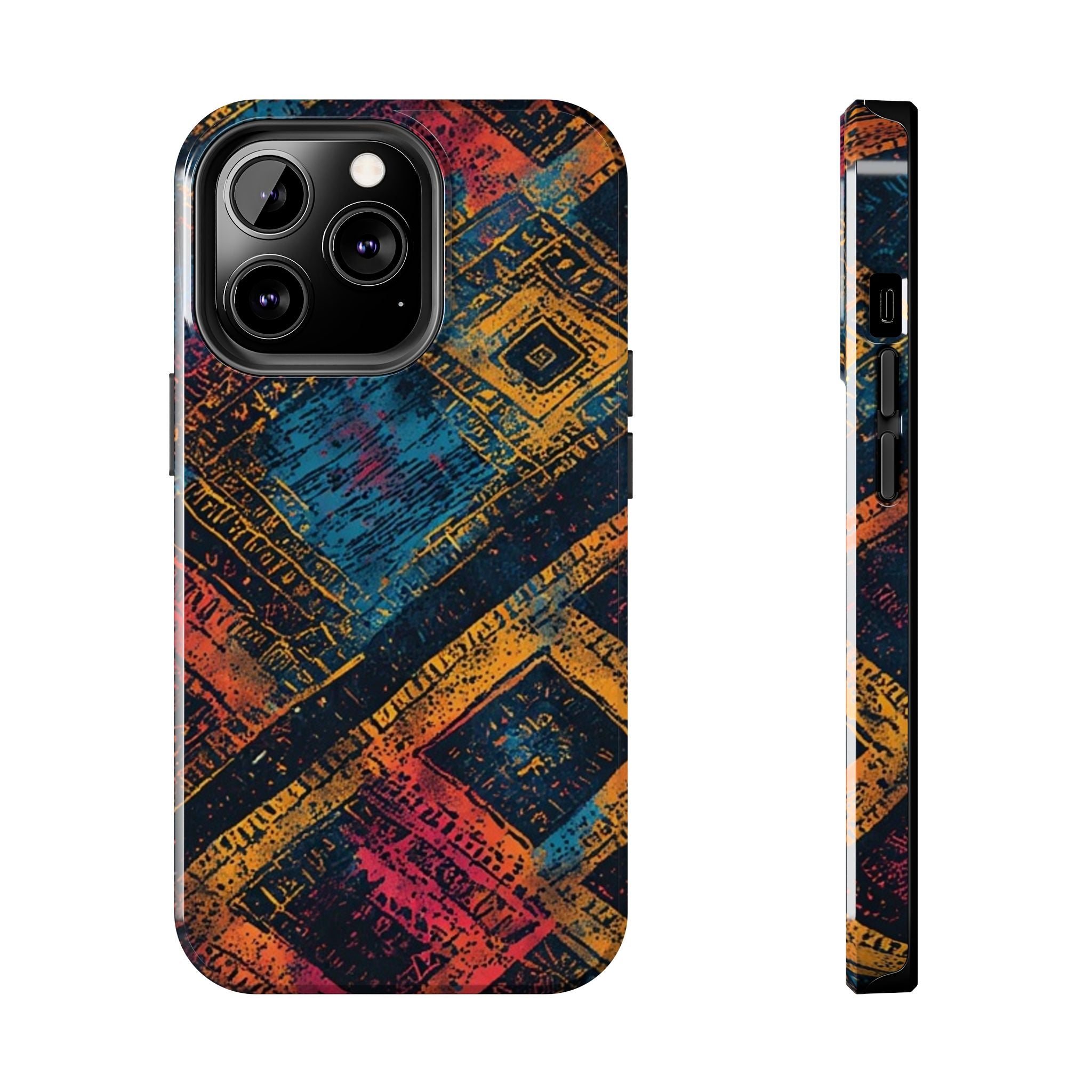 Tough Phone Case – Abstract Rustic Geometric Design (Blue, Orange, Magenta)