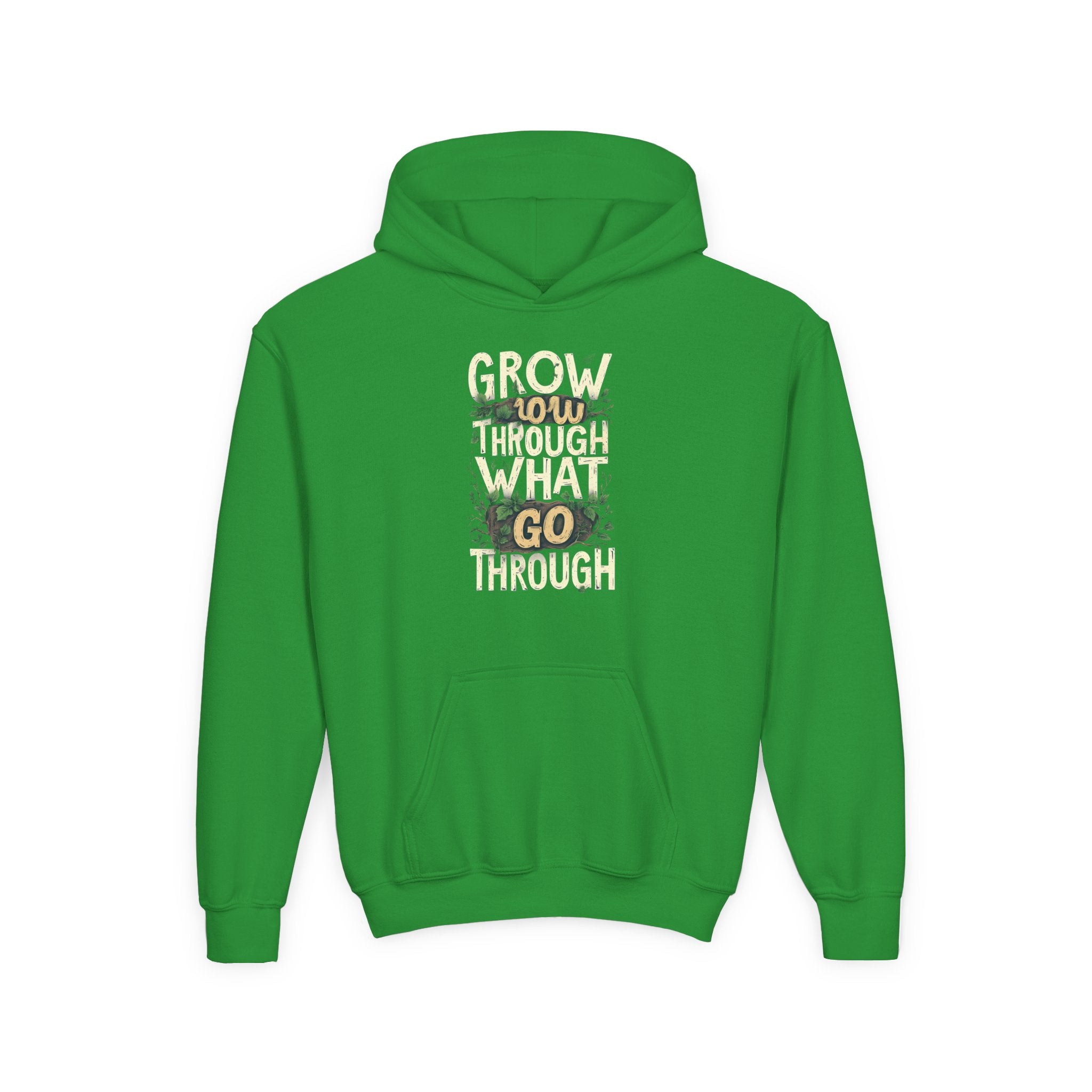 Youth Hoodie — 'Grow Slow, Go Through' Floral Motivational Hooded Sweatshirt