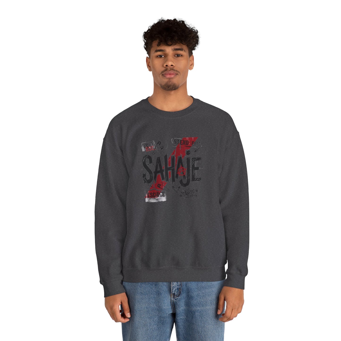 Crewneck Sweatshirt — 'Sahaje' Distressed Script Graphic