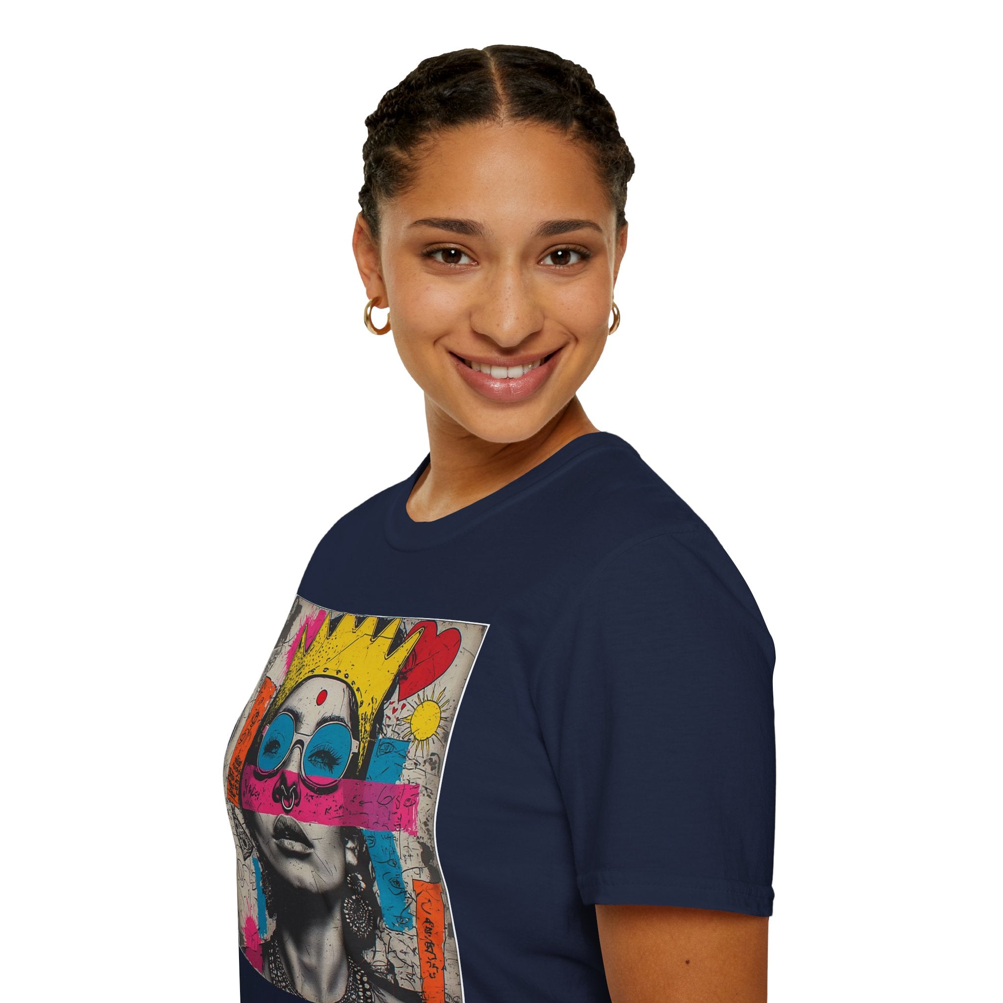 Abstract Pop Art Portrait T-Shirt — Neon Crown & Sunglasses Graphic