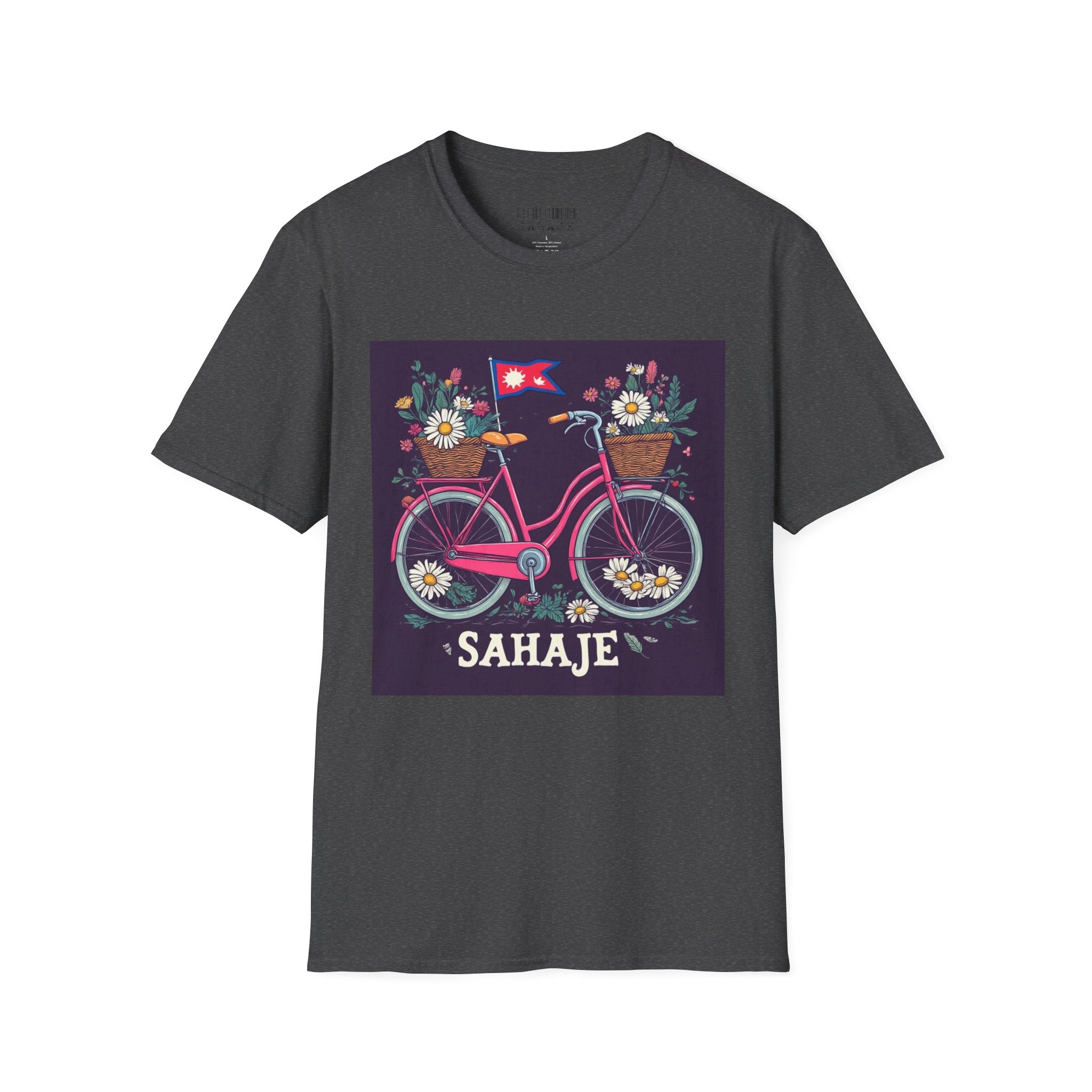 Bicycle Floral T-Shirt – Pink Bike with Baskets & "Sahaje" Text