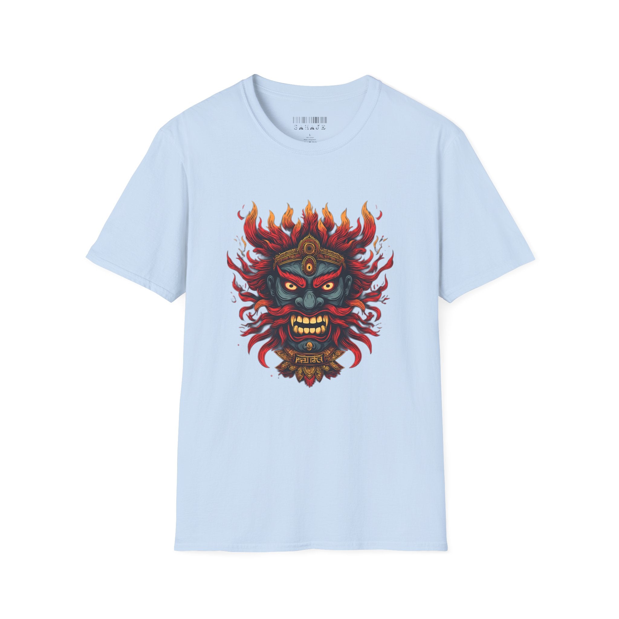 Flaming Demon Mask T-Shirt — Fierce Tattoo-Style Graphic Tee