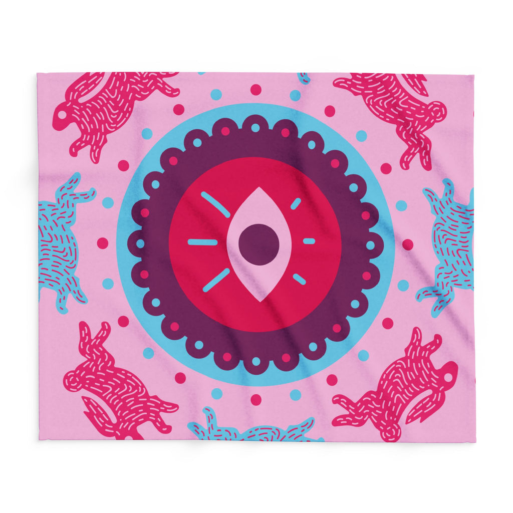 Pink Arctic Fleece Blanket — Mystical Eye & Polar Bear Pattern Cozy Throw