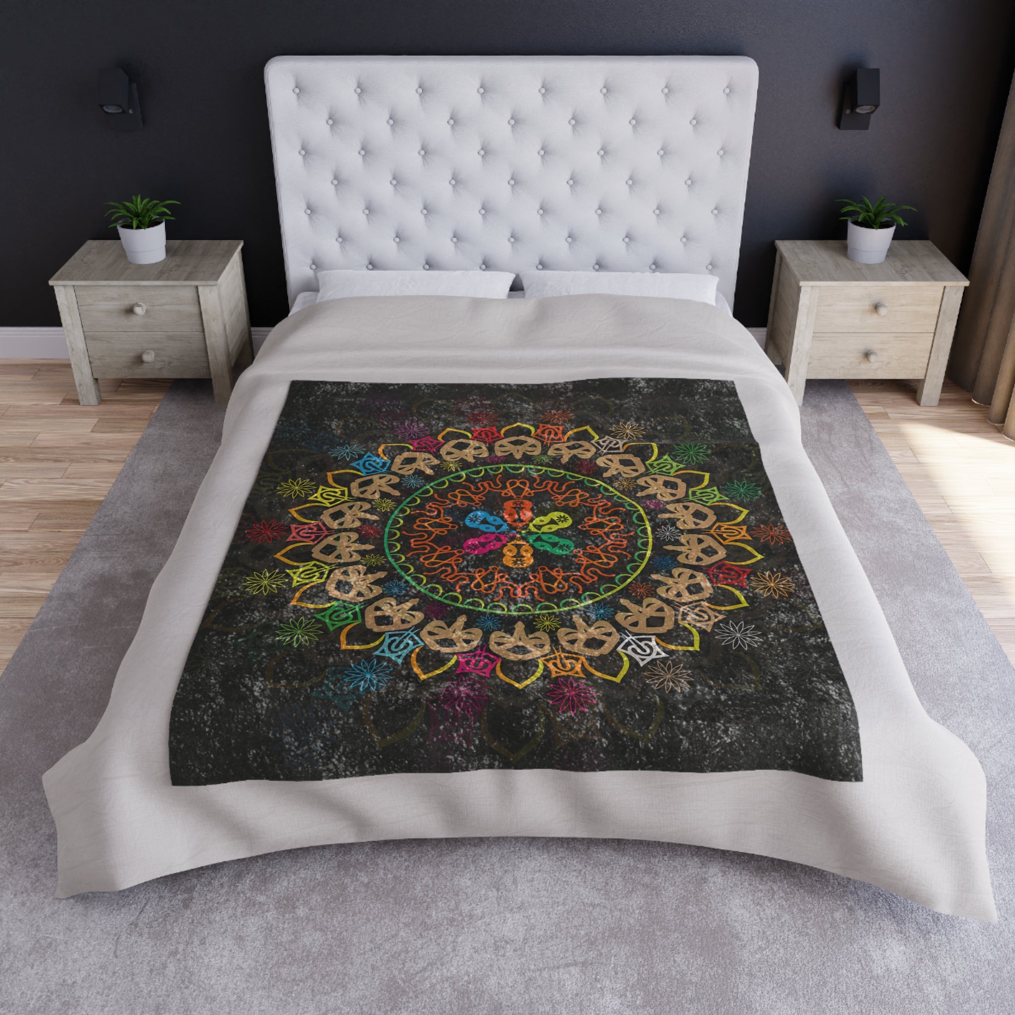 Crushed Velvet Blanket — Colorful Skull Mandala Throw (Boho Gothic Cozy Gift)