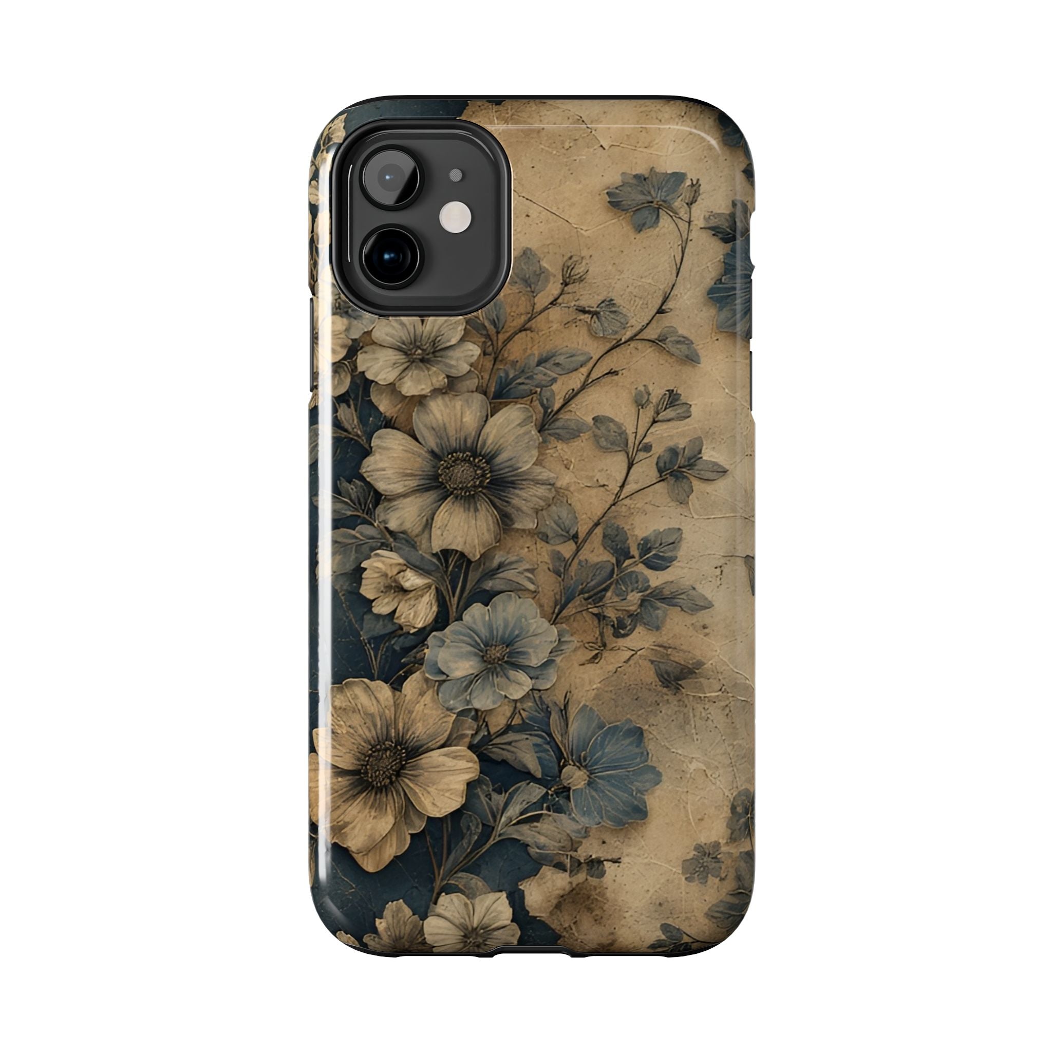 Vintage Floral Tough Phone Case — Antique Beige & Navy Protective Cover