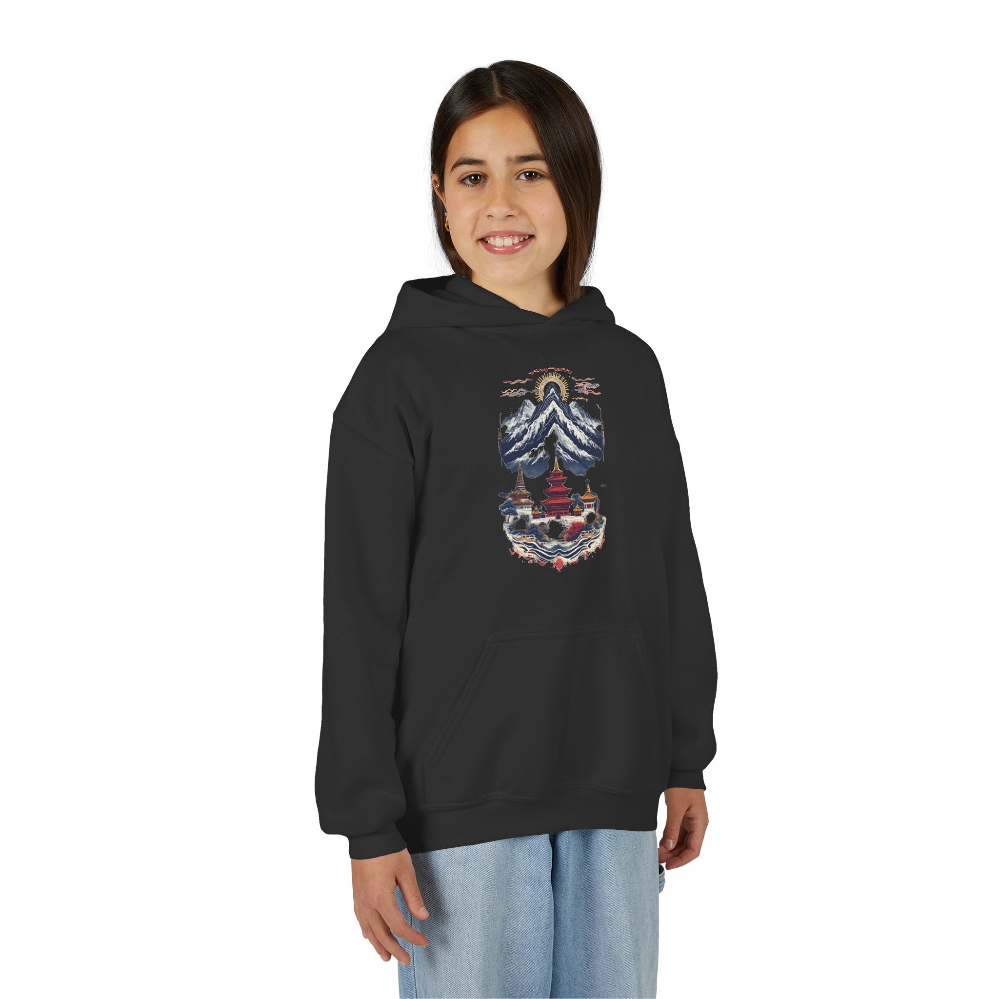Youth Hoodie — Mountain Pagoda Watercolor Graphic (Asian Temple Winter Vibe)