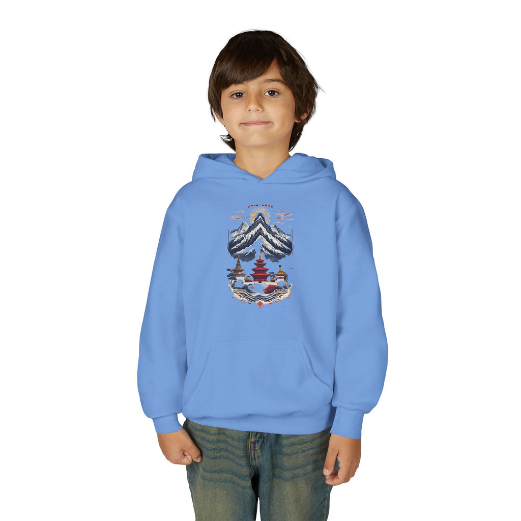 Youth Hoodie — Mountain Pagoda Watercolor Graphic (Asian Temple Winter Vibe)