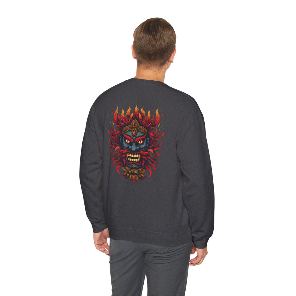 Crewneck Sweatshirt — Fiery Demon Mask Back Graphic