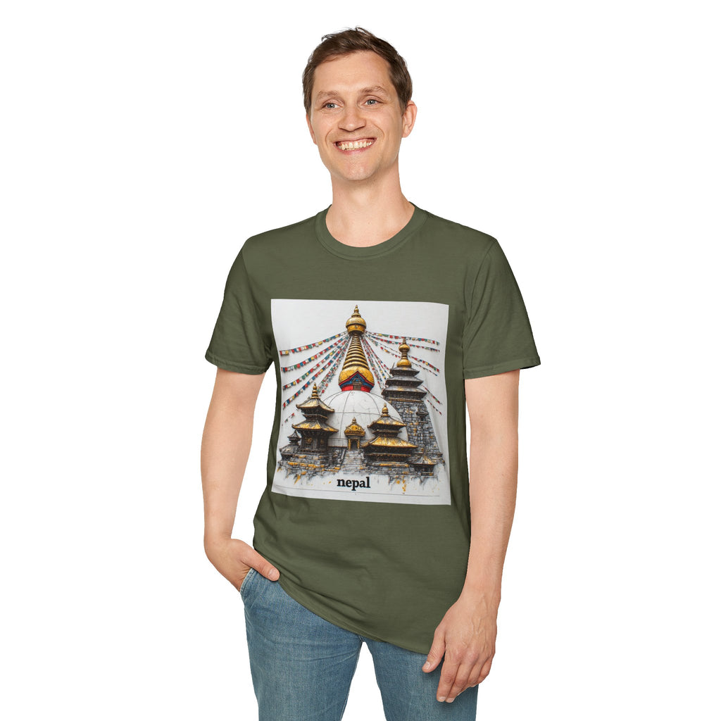 Nepal Temple Graphic T-Shirt — Boudhanath Stupa Prayer Flags Travel Tee