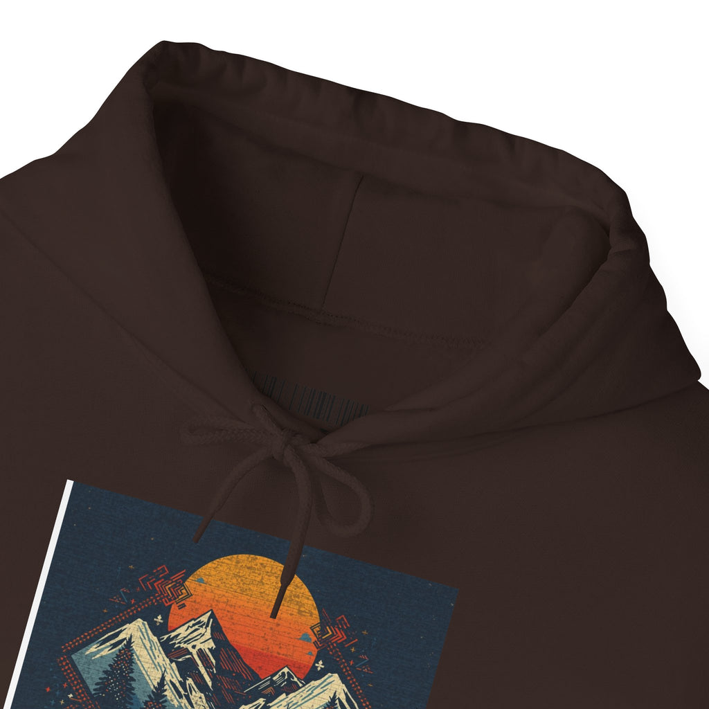 Mountain Sunset Hoodie – Retro Geometric Peaks & Rising Sun Sweatshirt