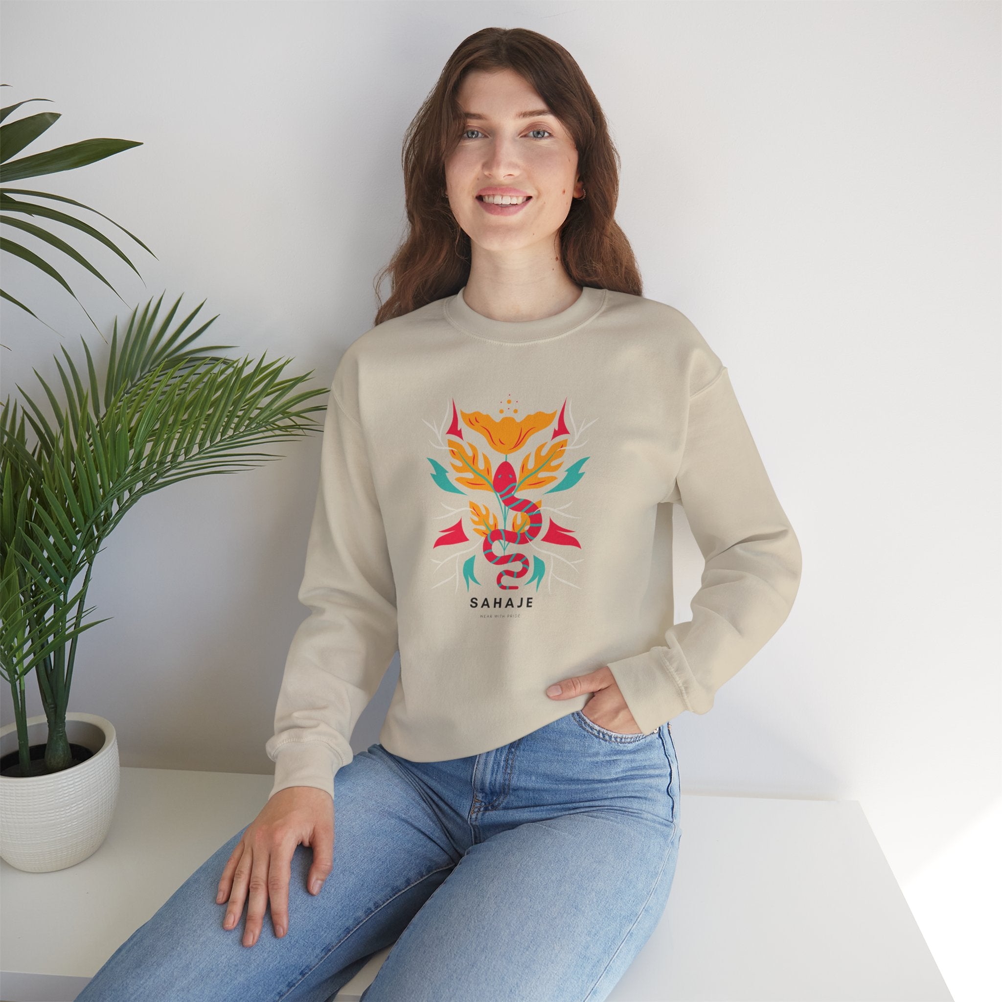 Sahajé Floral Snake Crewneck Sweatshirt — Colorful Botanical Serpent Graphic