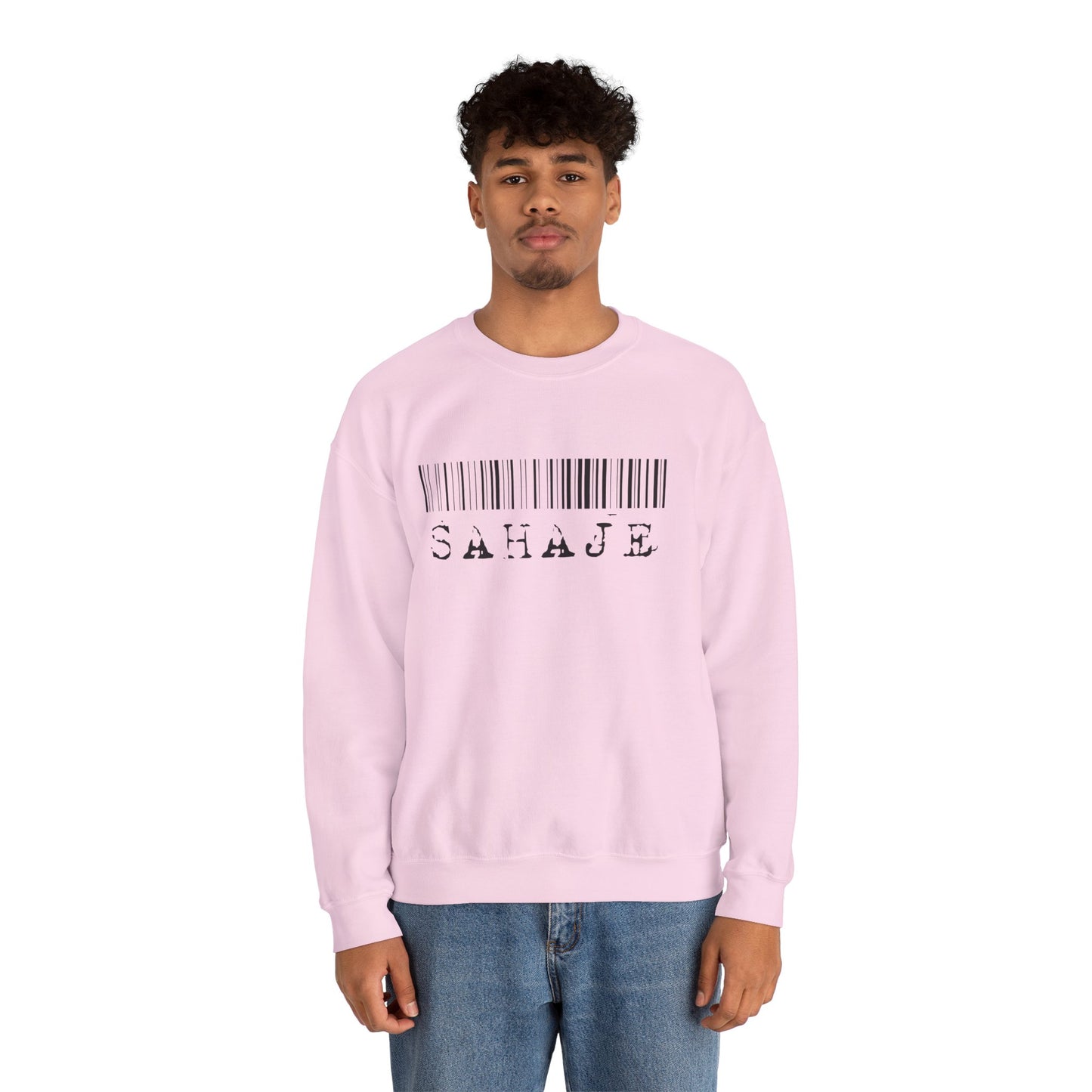 Sahaje Barcode Crewneck Sweatshirt — Minimalist White Graphic Pullover