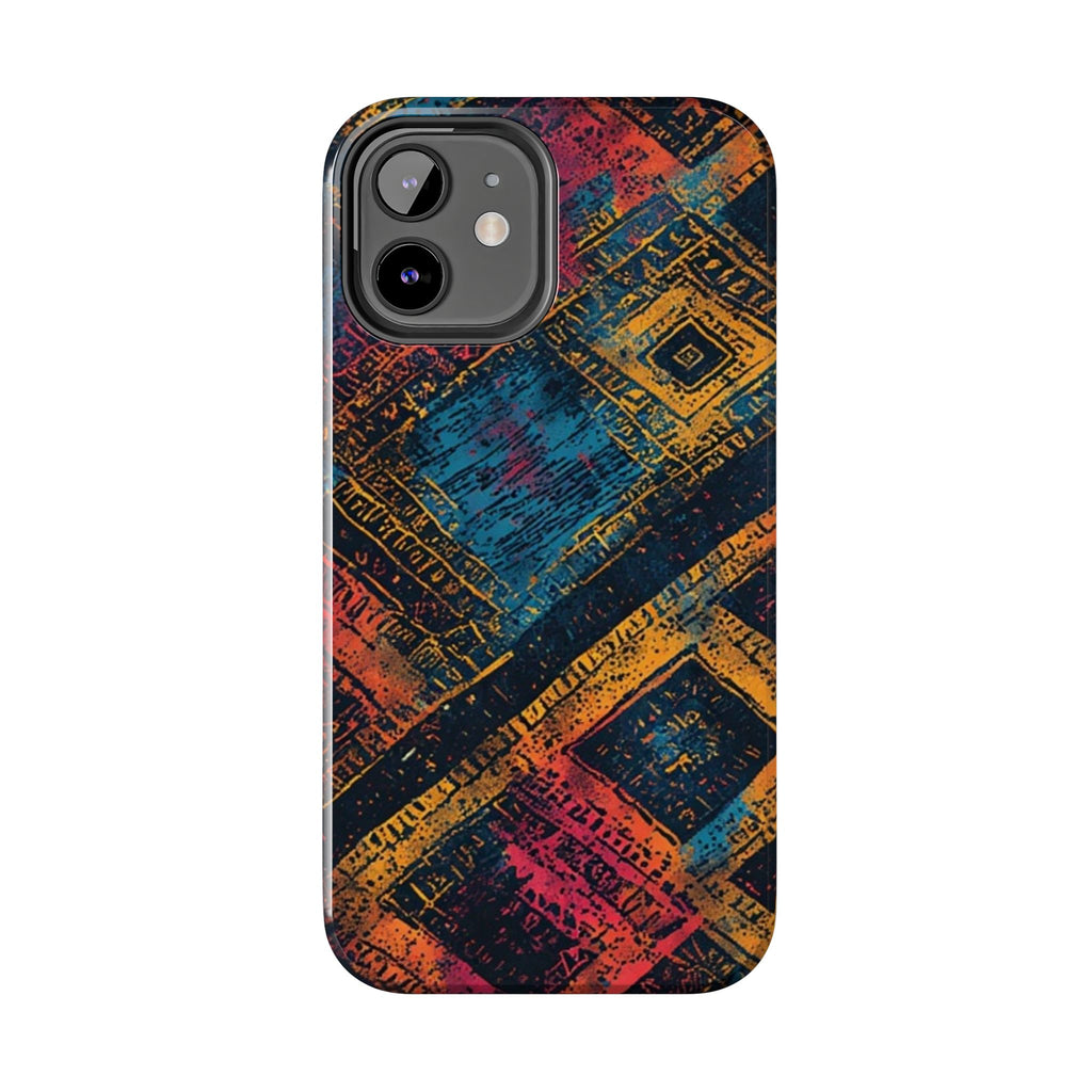 Tough Phone Case – Abstract Rustic Geometric Design (Blue, Orange, Magenta)