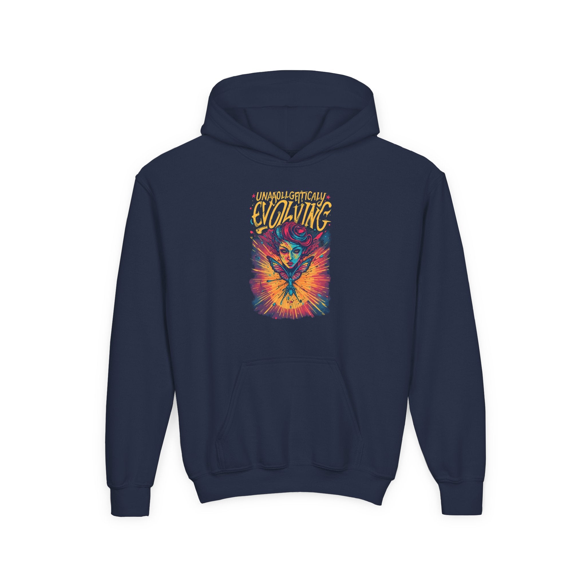 Youth Hoodie — Vibrant 'Evolving' Butterfly Girl Graphic Sweatshirt