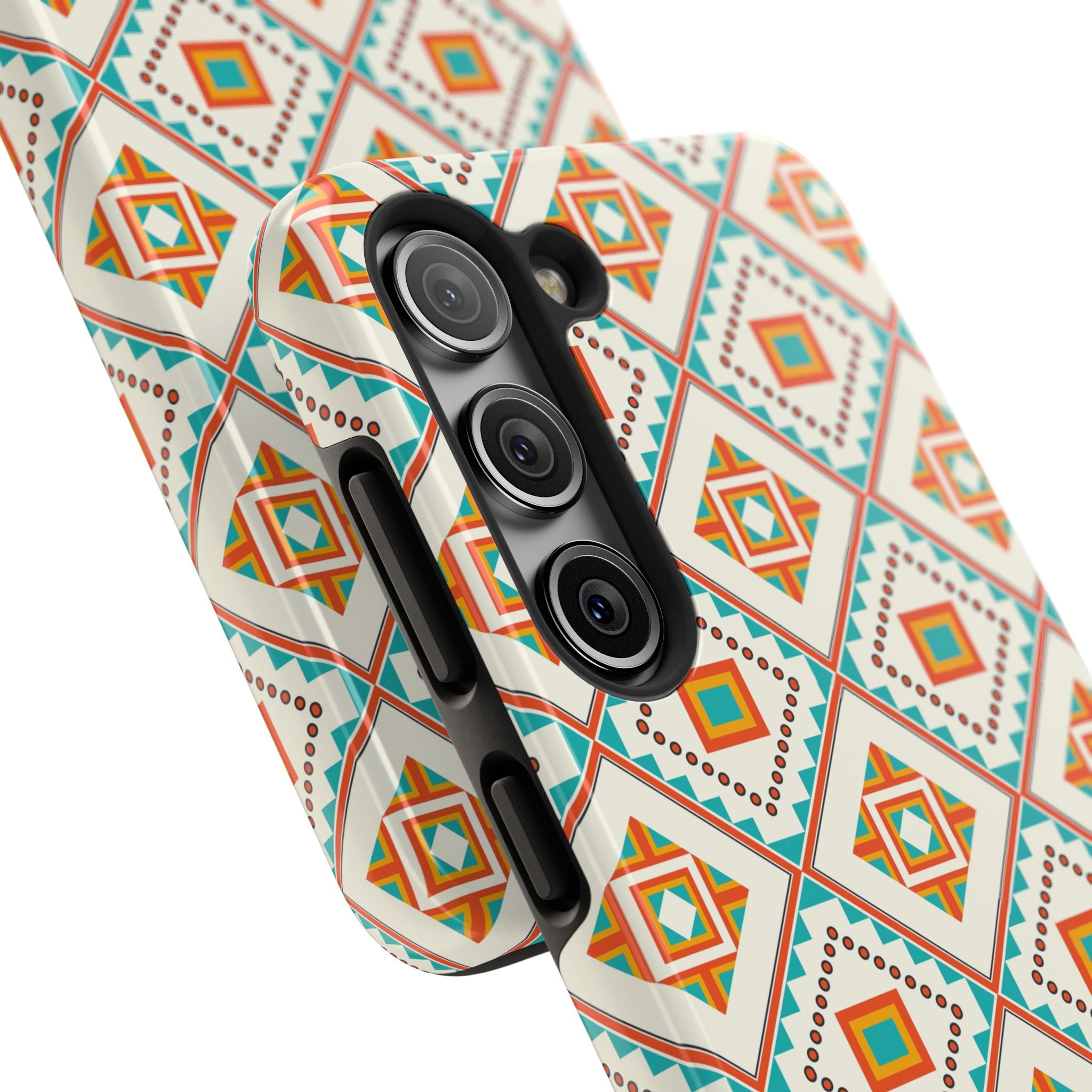 Tough Phone Case — Geometric Retro Tile Pattern, Orange & Teal Protective Cover