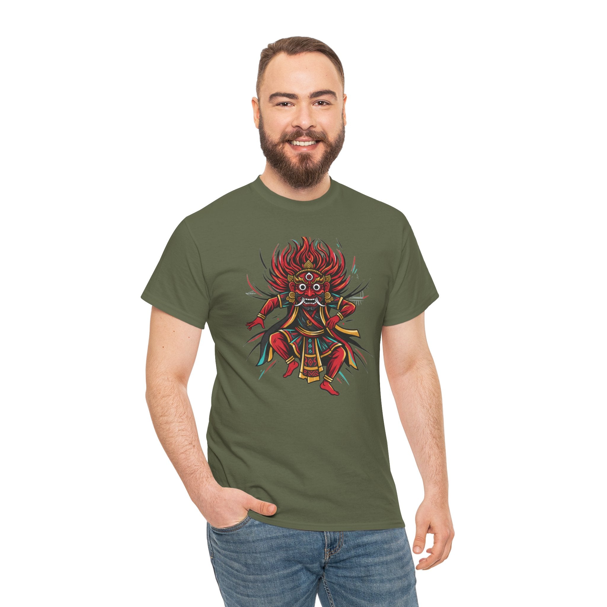 T-Shirt — Fierce Red Oni Demon Graphic Tee (Mythic Japanese Mask Design)