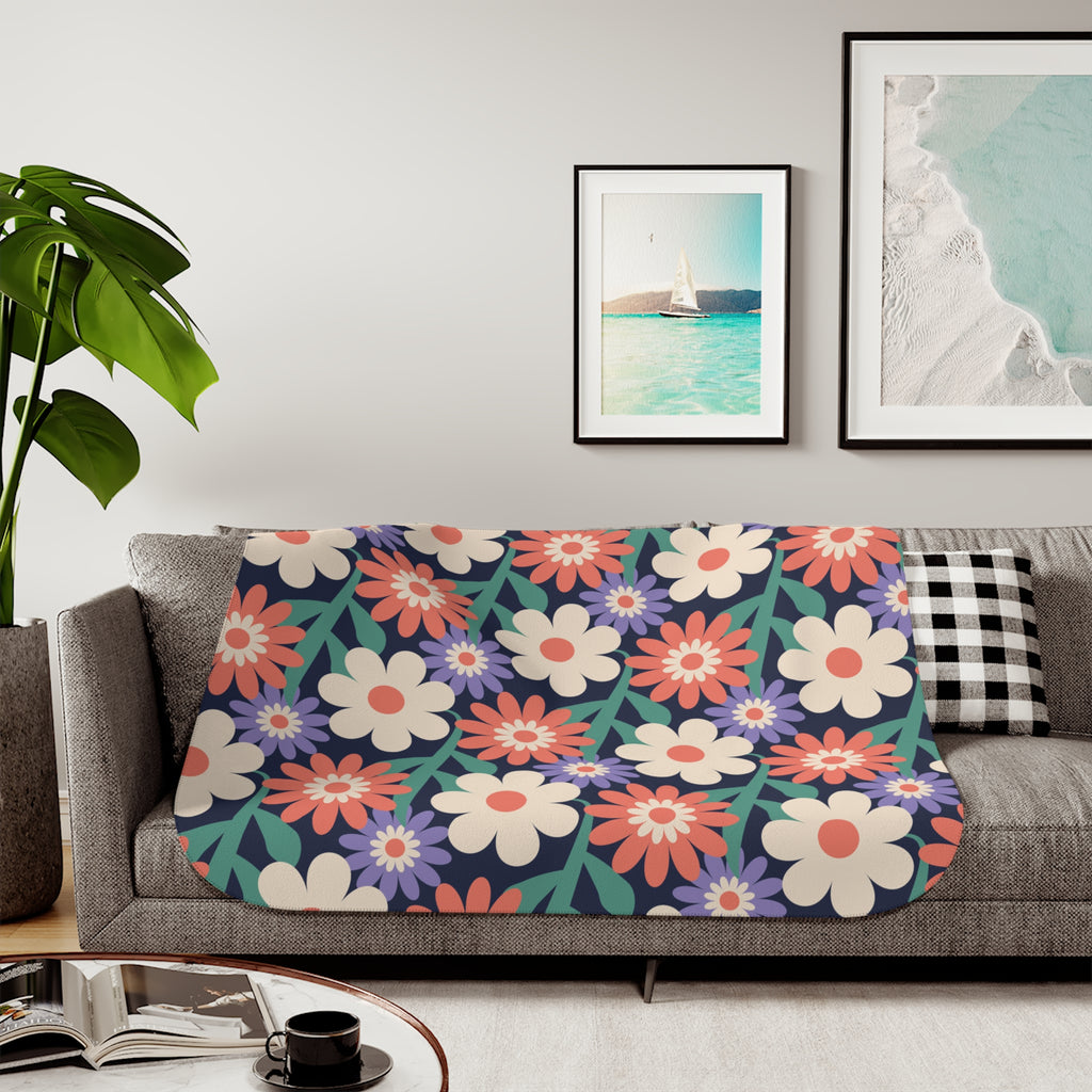 Floral Sherpa Blanket – Reversible Retro Flower Print with Cozy Beige Sherpa