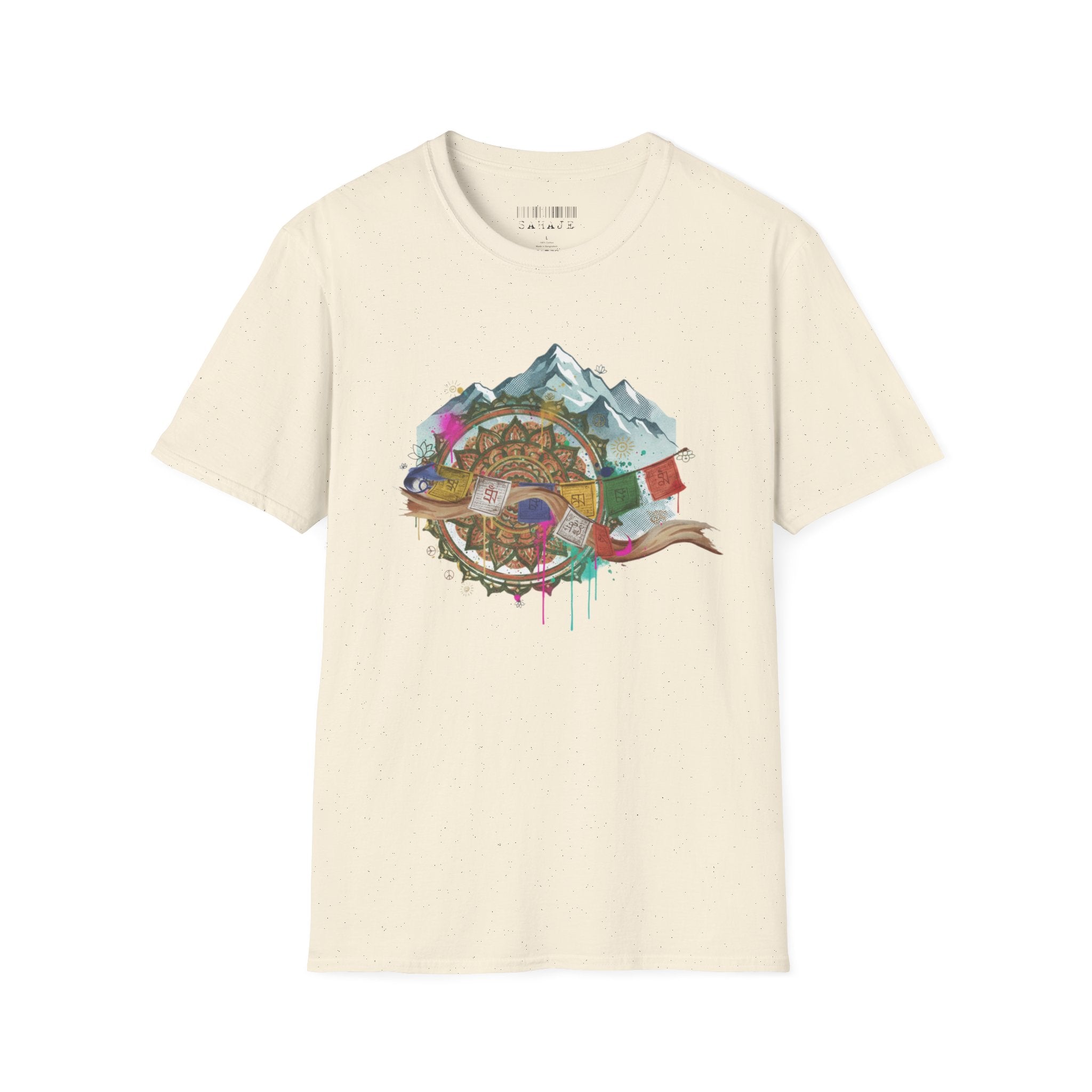 Adventure Compass T-Shirt — Mountain Compass with Prayer Flags & Colorful Globe