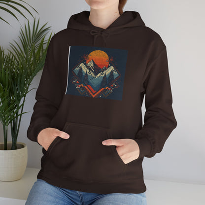 Mountain Sunset Hoodie – Retro Geometric Peaks & Rising Sun Sweatshirt