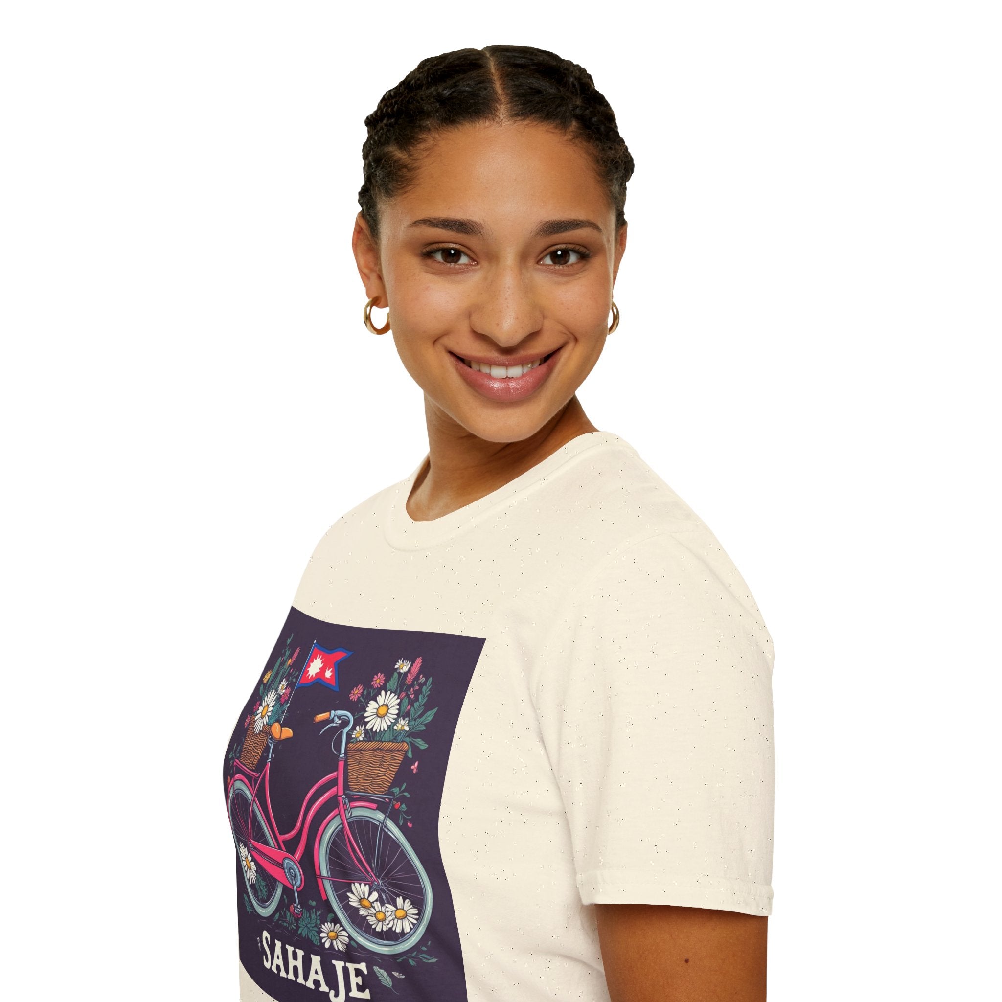Bicycle Floral T-Shirt – Pink Bike with Baskets & "Sahaje" Text