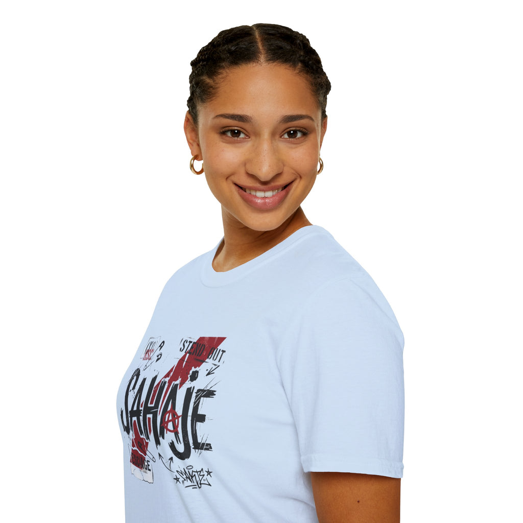 SAHAJE Graphic T‑Shirt — Distressed Red Accent Streetwear Tee