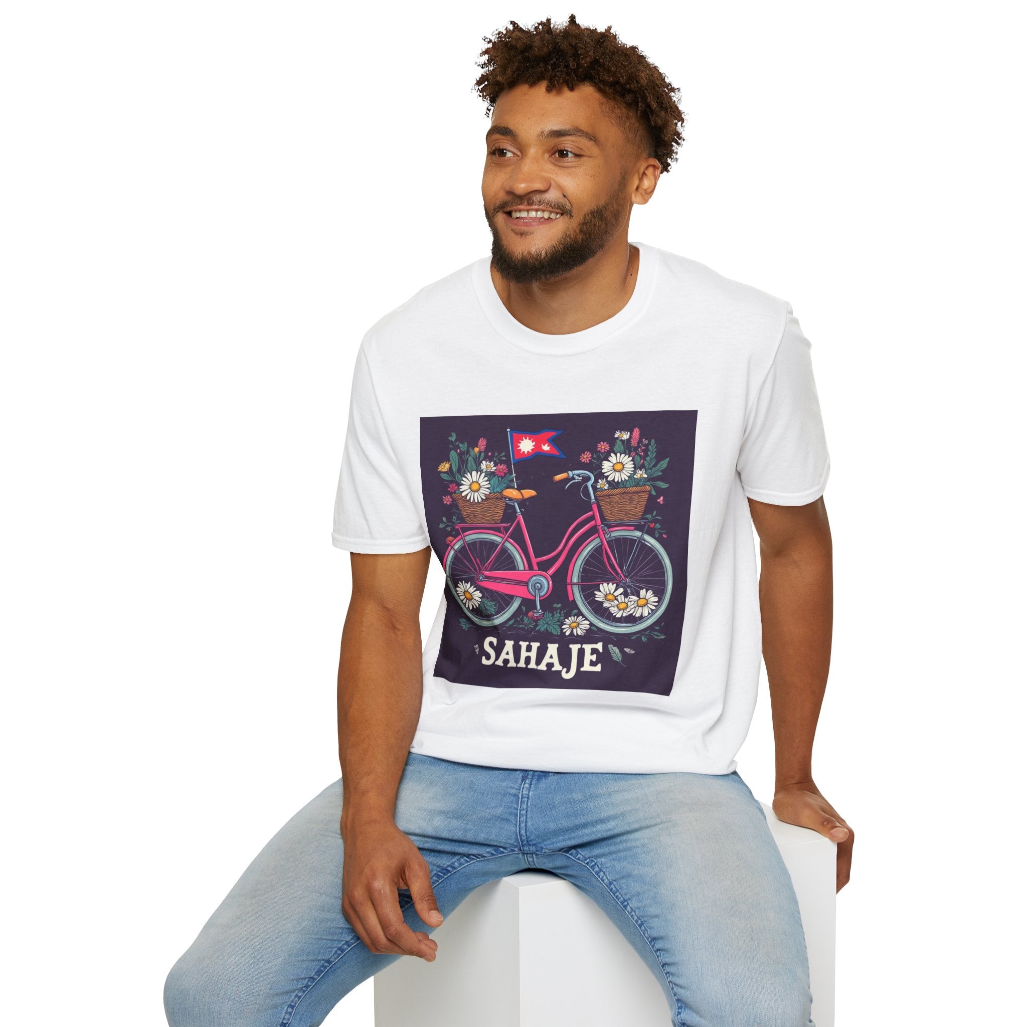 Bicycle Floral T-Shirt – Pink Bike with Baskets & "Sahaje" Text