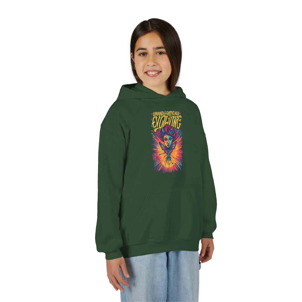 Youth Hoodie — Vibrant 'Evolving' Butterfly Girl Graphic Sweatshirt