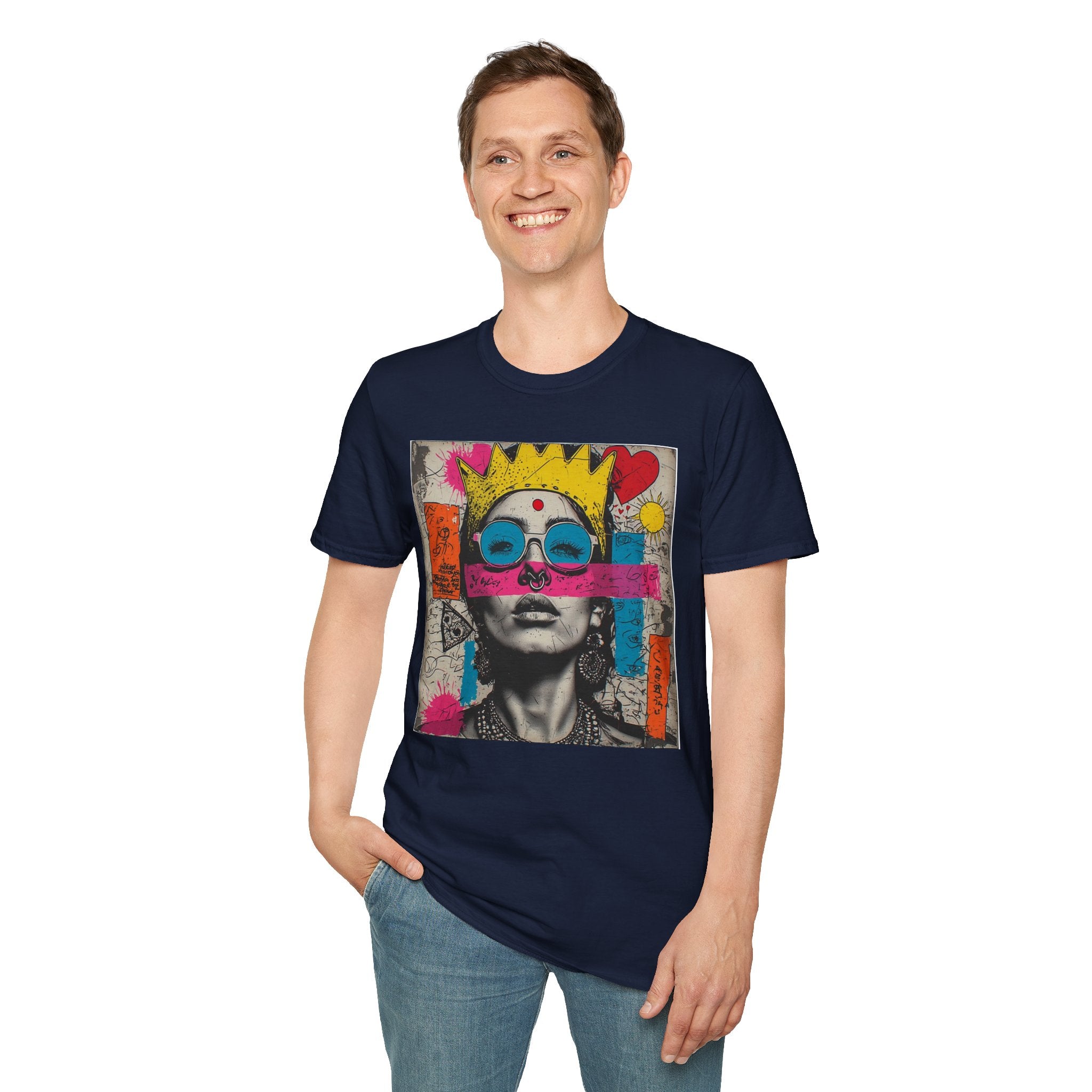 Abstract Pop Art Portrait T-Shirt — Neon Crown & Sunglasses Graphic