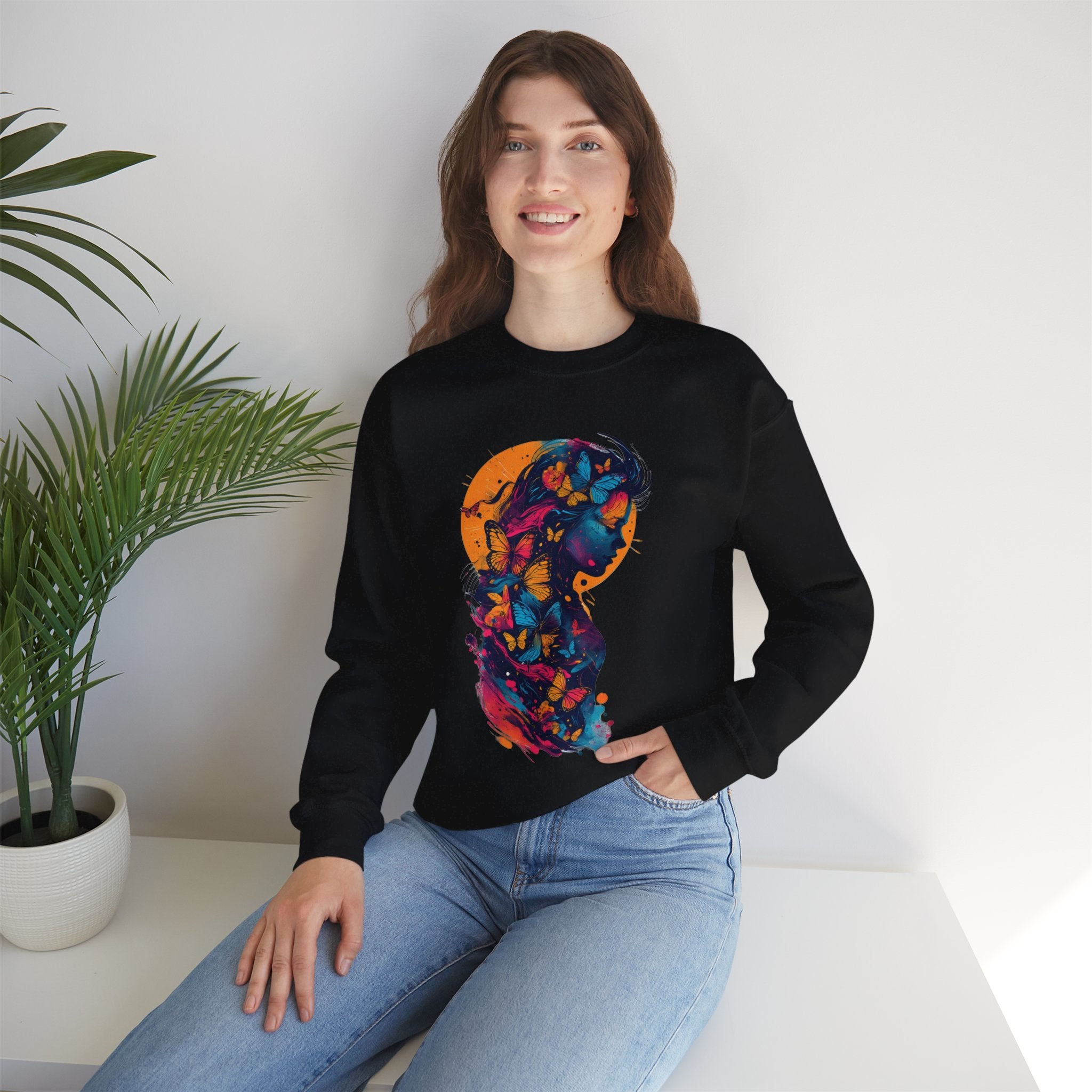 Butterfly Silhouette Crewneck Sweatshirt — Colorful Butterfly Profile Graphic