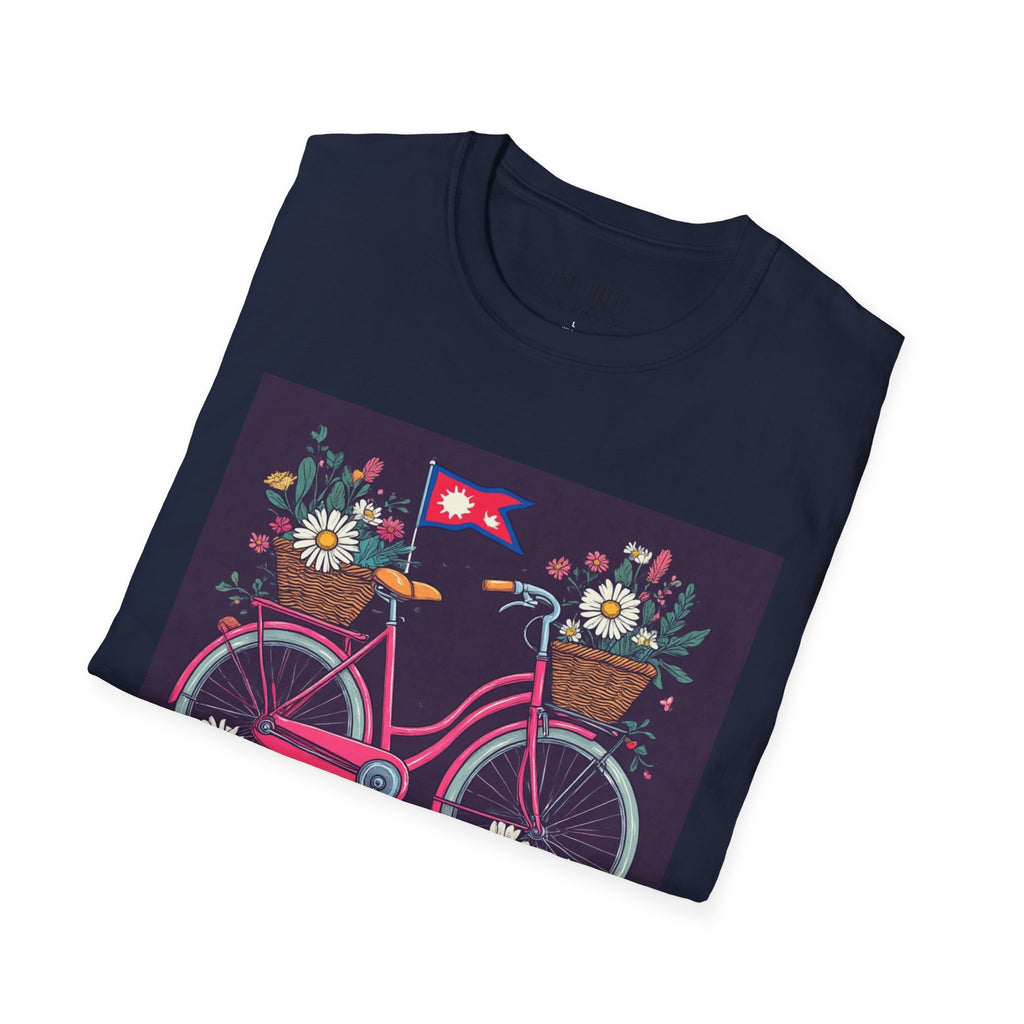Bicycle Floral T-Shirt – Pink Bike with Baskets & "Sahaje" Text