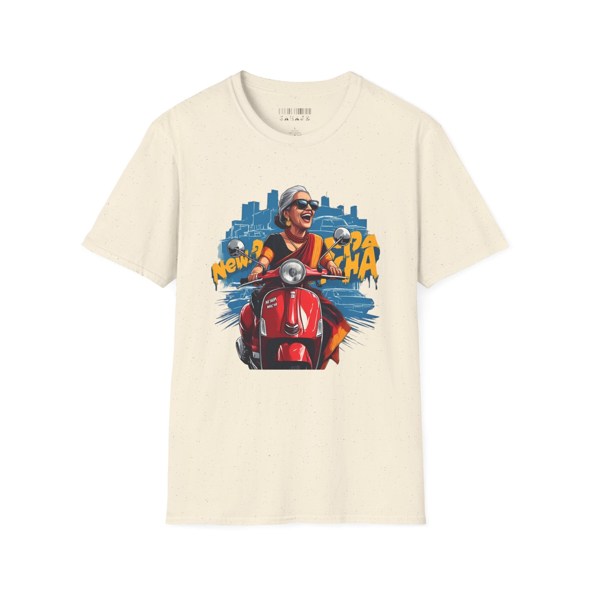 Newa Maicha Riding Scooter T-Shirt – Newari Woman in New York Graphic Tee, Cultural & Urban Design