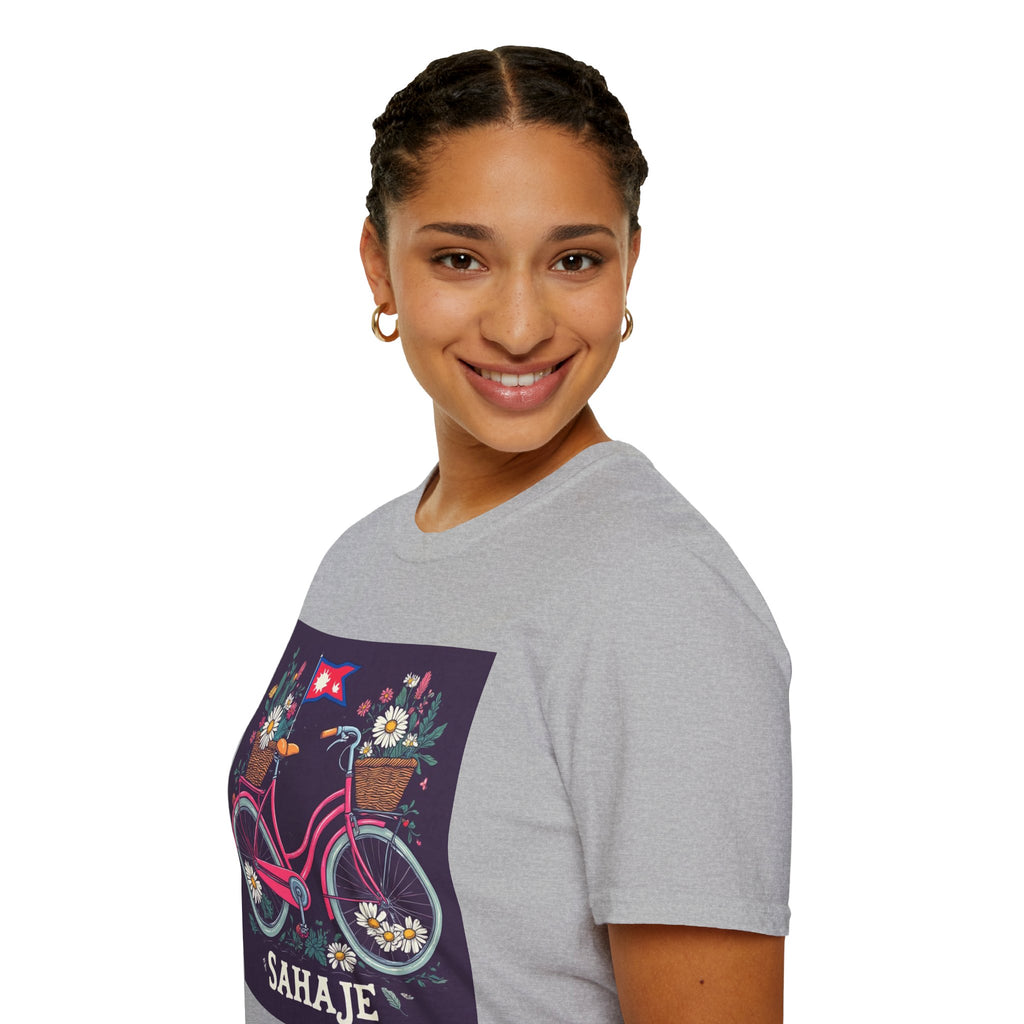 Bicycle Floral T-Shirt – Pink Bike with Baskets & "Sahaje" Text