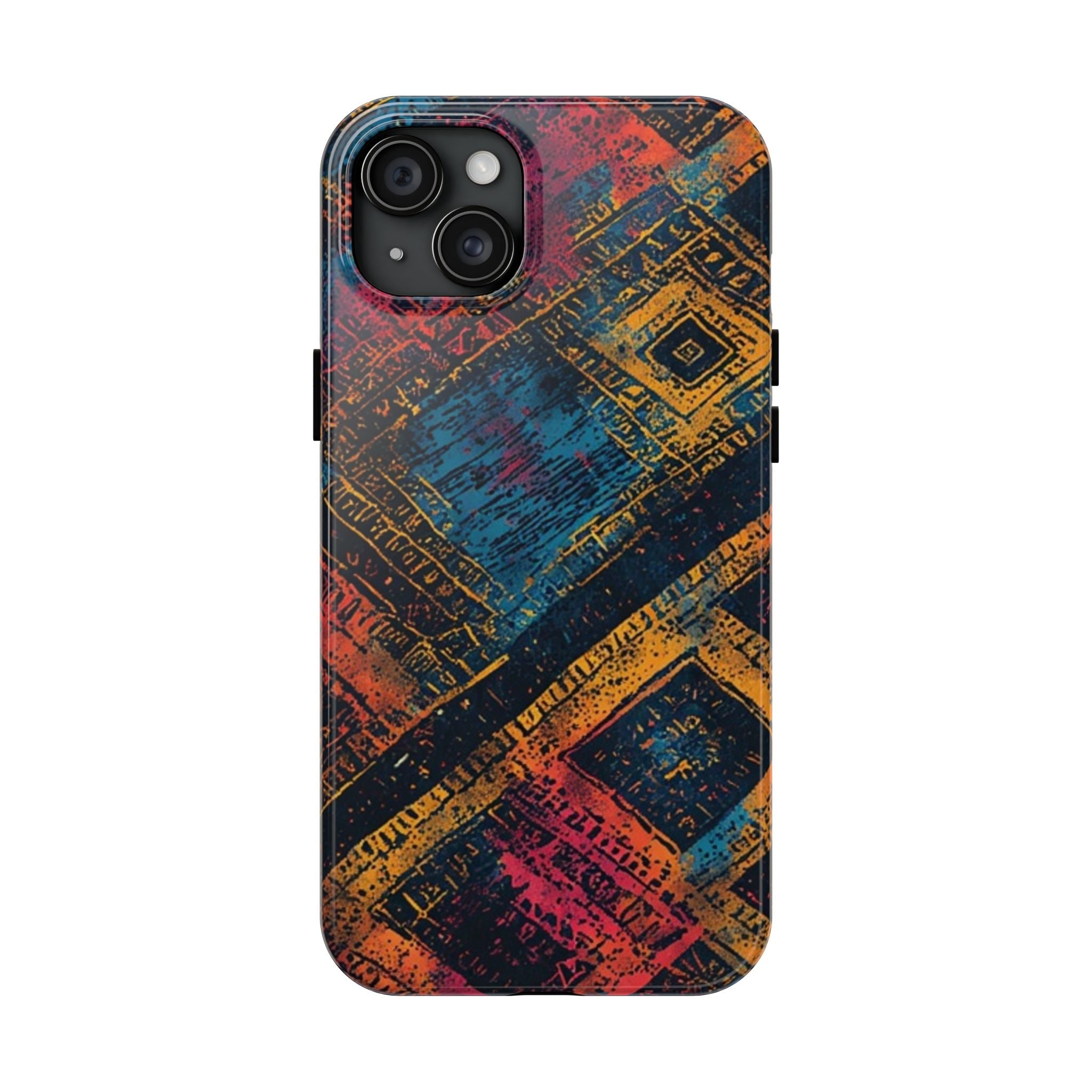 Tough Phone Case – Abstract Rustic Geometric Design (Blue, Orange, Magenta)