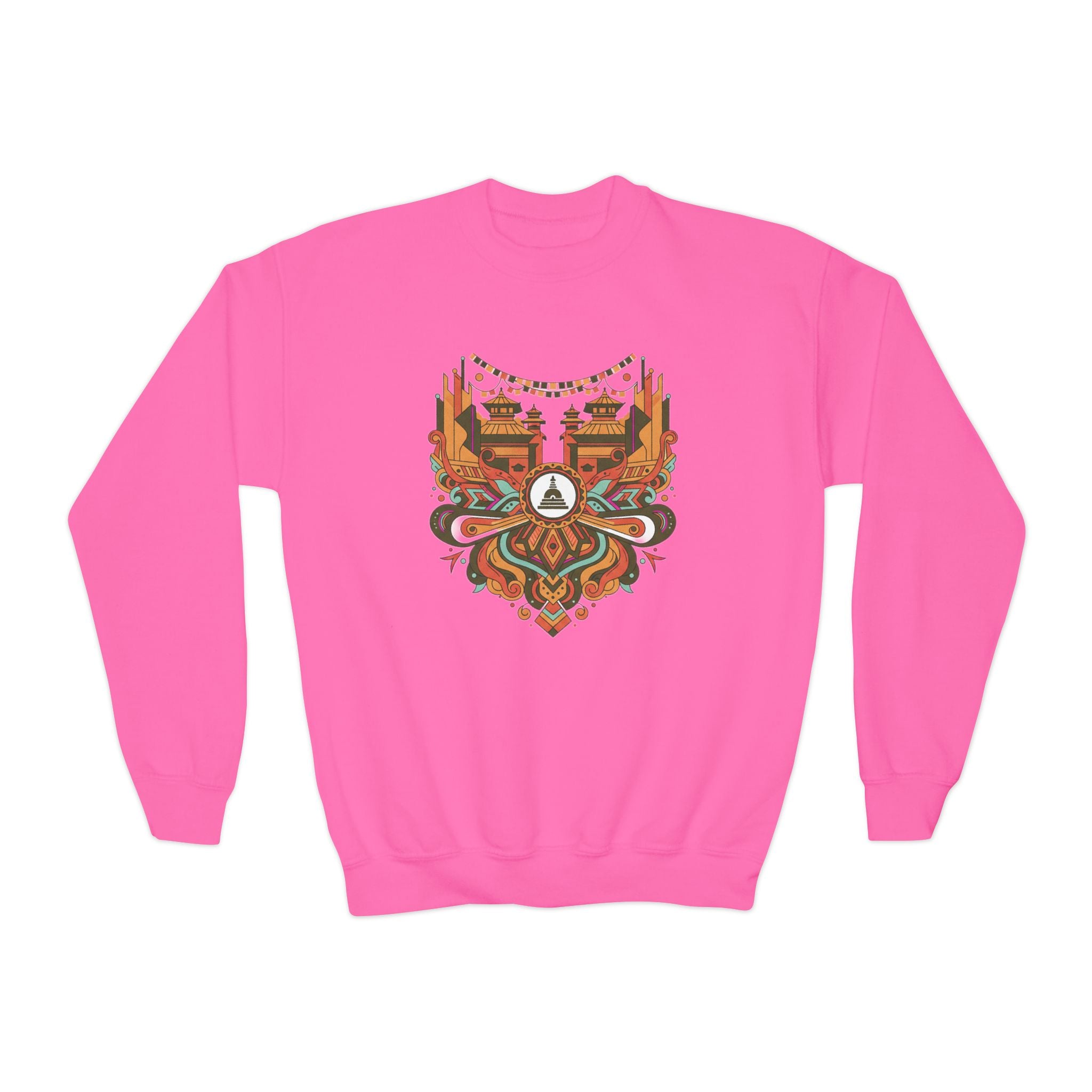 Youth Crewneck Sweatshirt — Retro Boho Fox Mask Graphic (Autumn Colors)