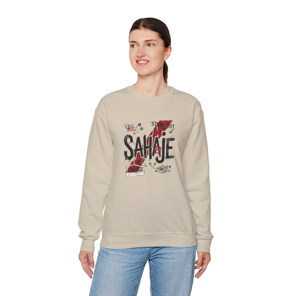 Crewneck Sweatshirt — 'Sahaje' Distressed Script Graphic
