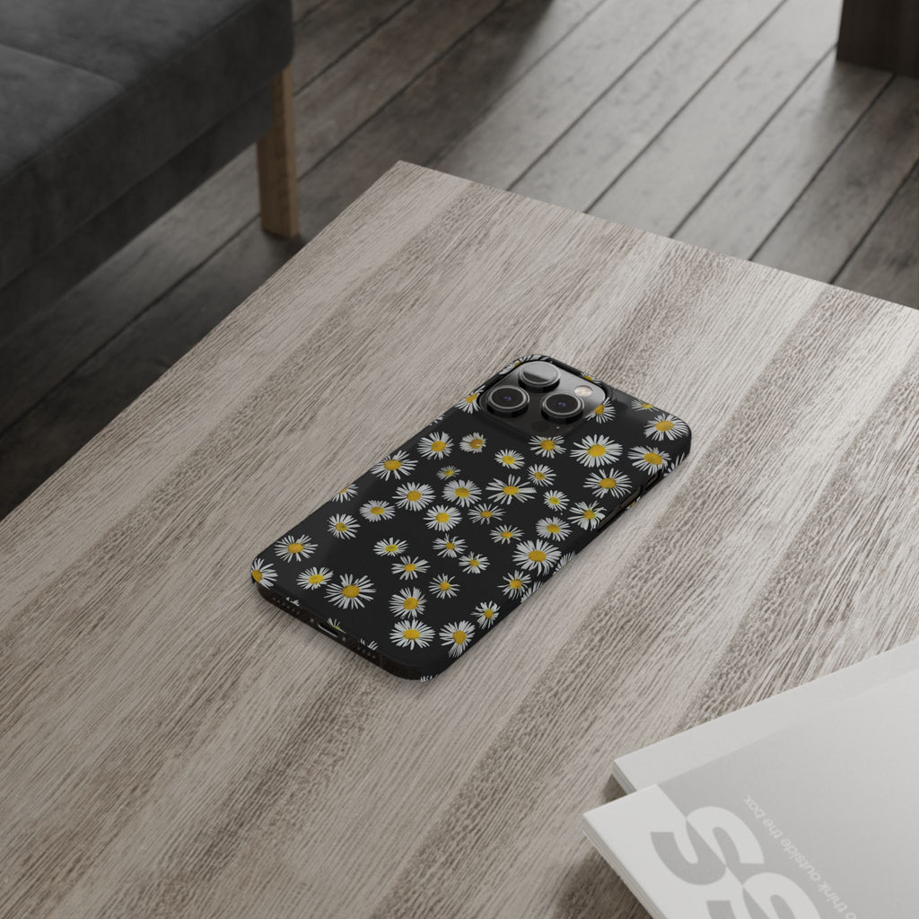 Daisy Pattern Slim Phone Case — Black Background Floral iPhone Case