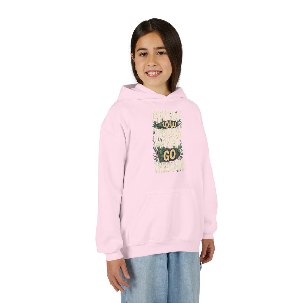 Youth Hoodie — 'Grow Slow, Go Through' Floral Motivational Hooded Sweatshirt