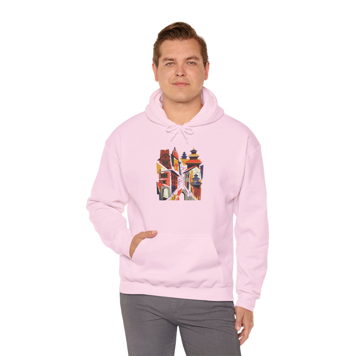 Cityscape Collage Hoodie — Colorful Urban Architecture Graphic Hoodie