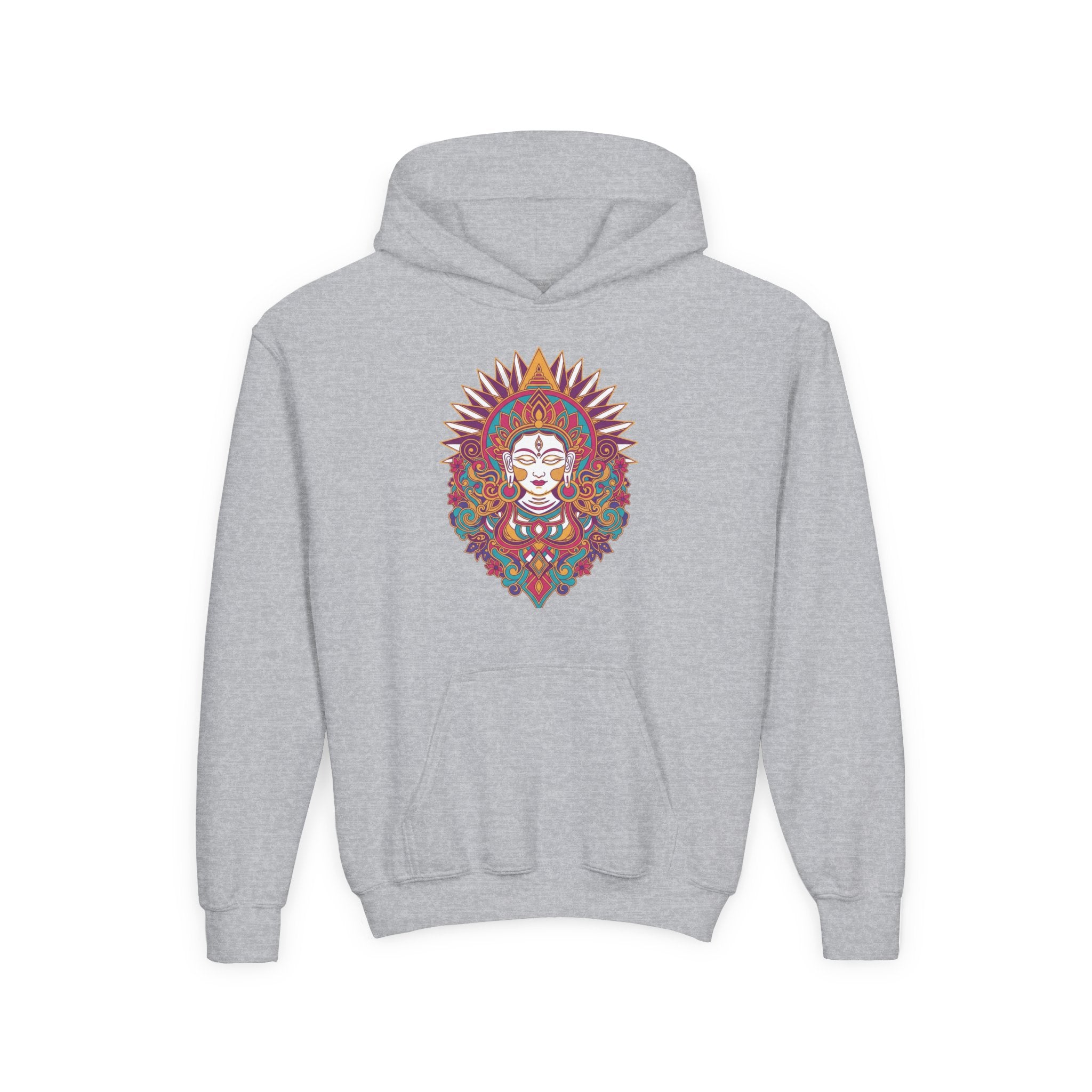 Youth Hoodie with Colorful Sugar Skull Goddess Design — Day of the Dead Kids Pullover