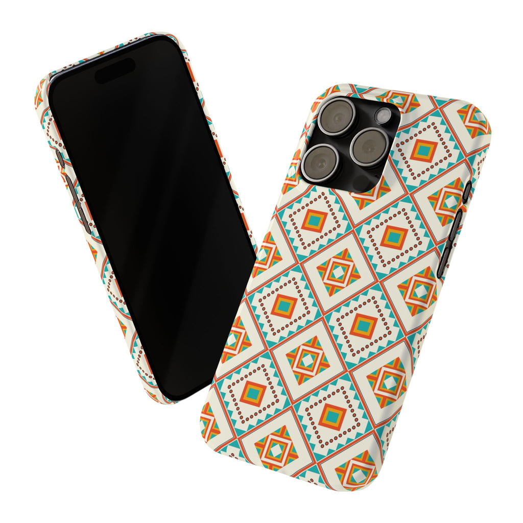 Slim Phone Case — Retro Geometric Tile Pattern (Turquoise & Orange)
