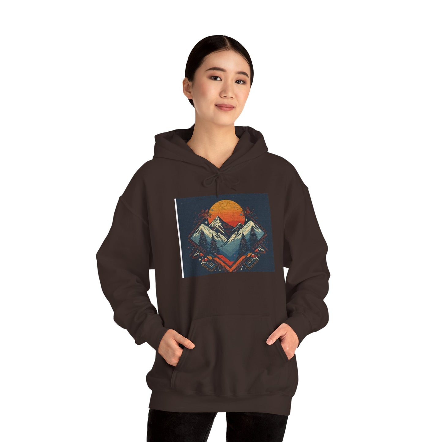 Mountain Sunset Hoodie – Retro Geometric Peaks & Rising Sun Sweatshirt