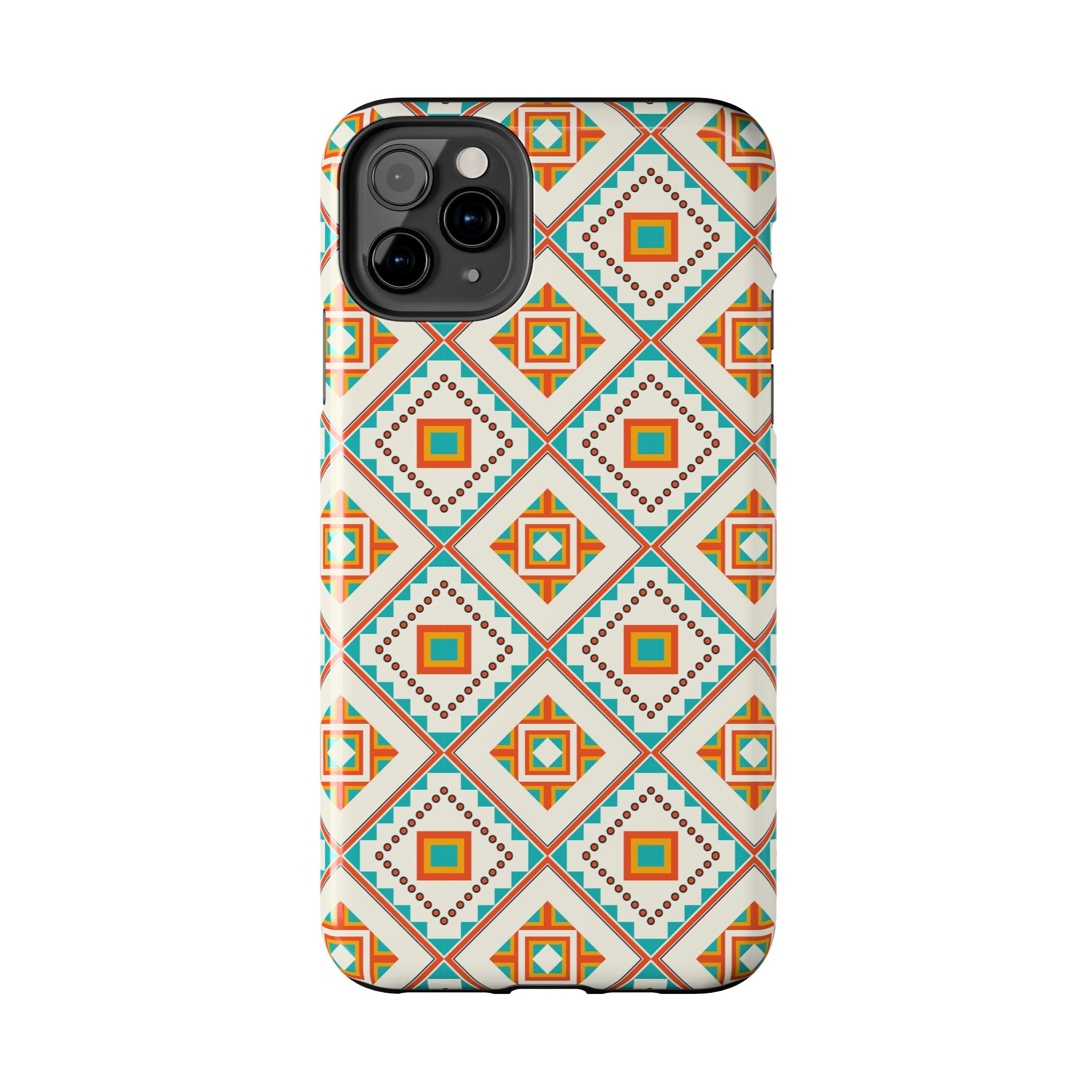 Tough Phone Case — Geometric Retro Tile Pattern, Orange & Teal Protective Cover