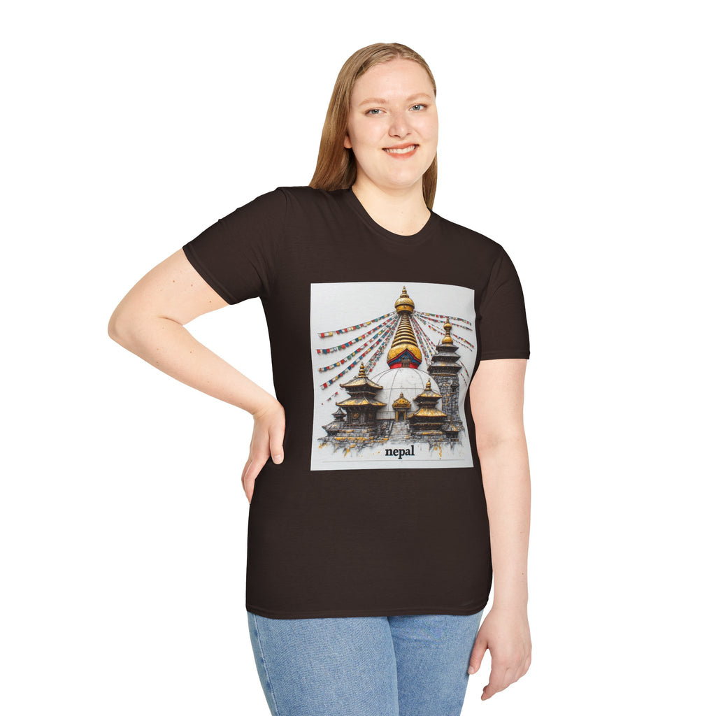 Nepal Temple Graphic T-Shirt — Boudhanath Stupa Prayer Flags Travel Tee