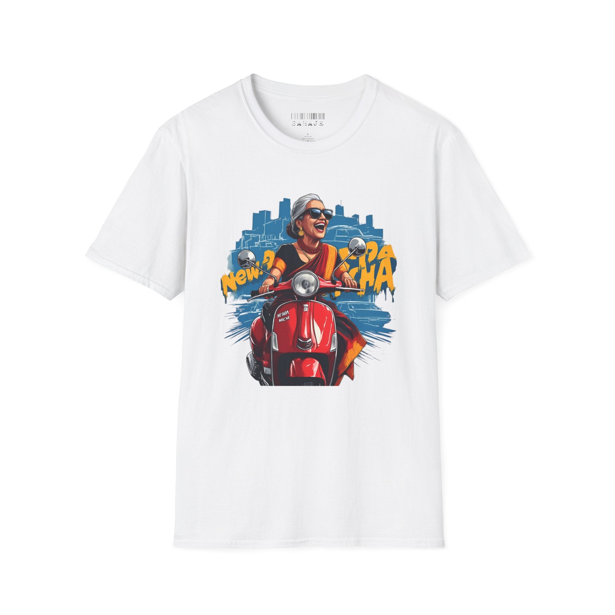 Newa Maicha Riding Scooter T-Shirt – Newari Woman in New York Graphic Tee, Cultural & Urban Design